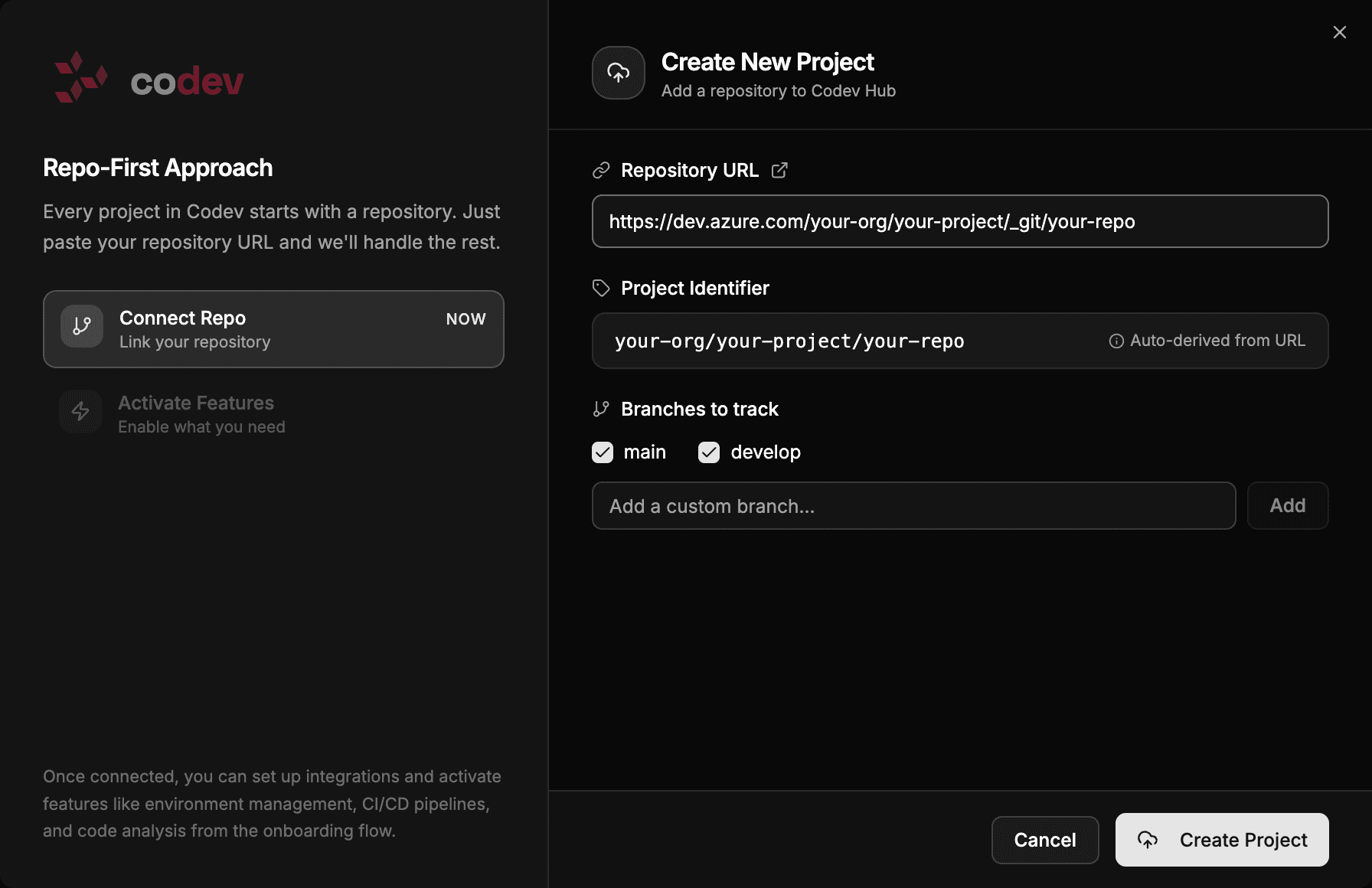 The Create New Project dialog with an Azure DevOps repository URL and an auto-derived project identifier