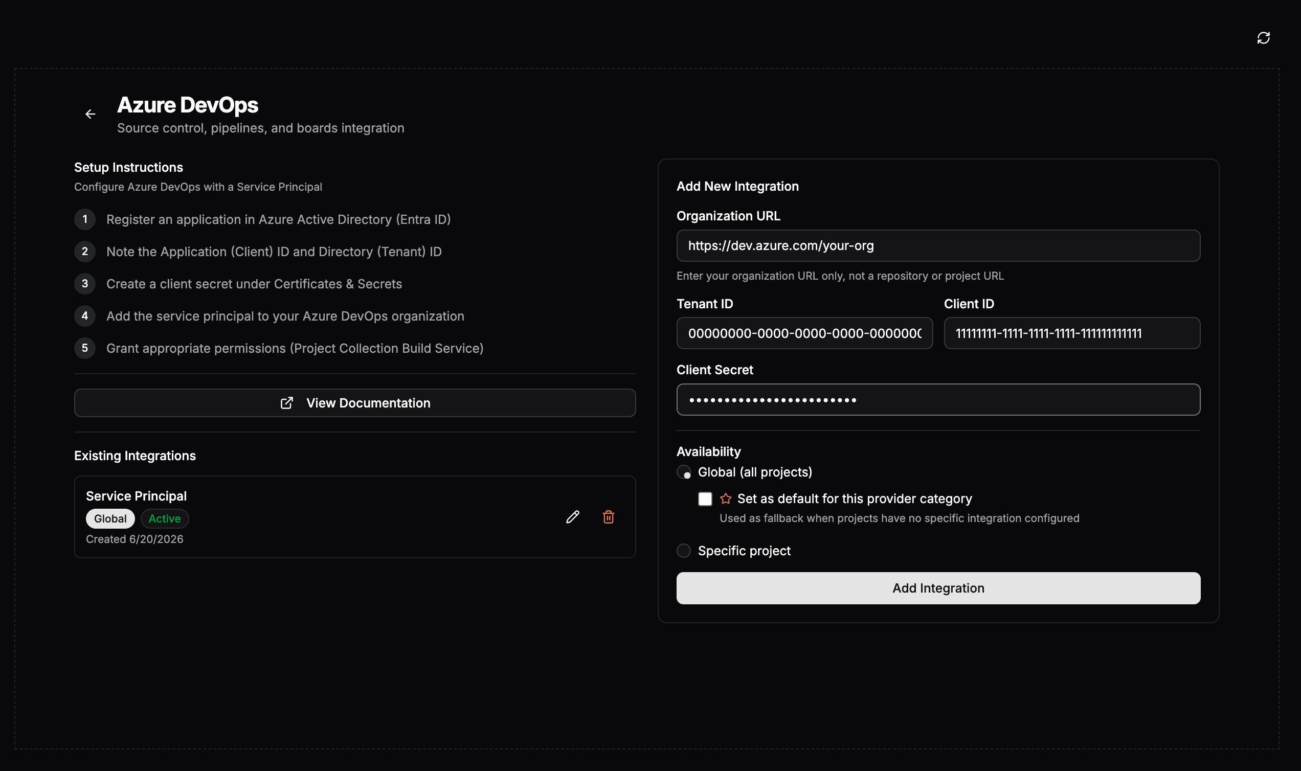 The Azure DevOps integration page with setup instructions and the Add New Integration form