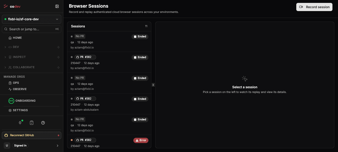The Browser Sessions page