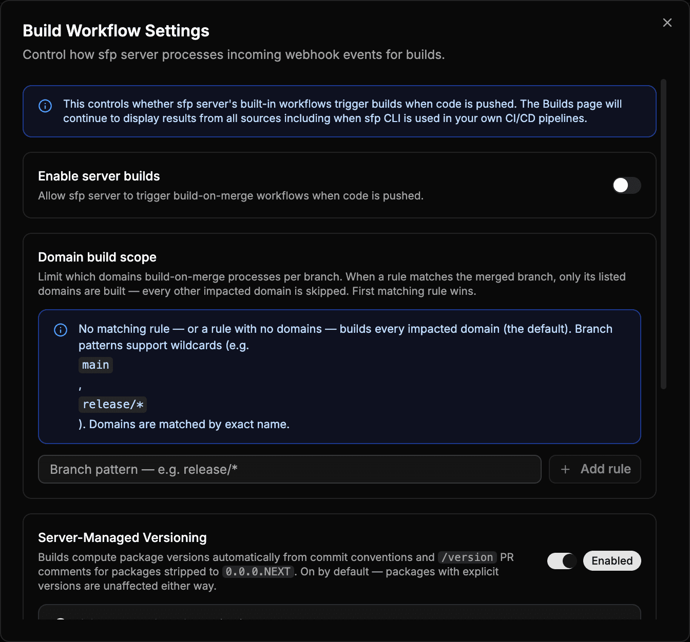 Build Workflow Settings dialog with the Enable server builds toggle off