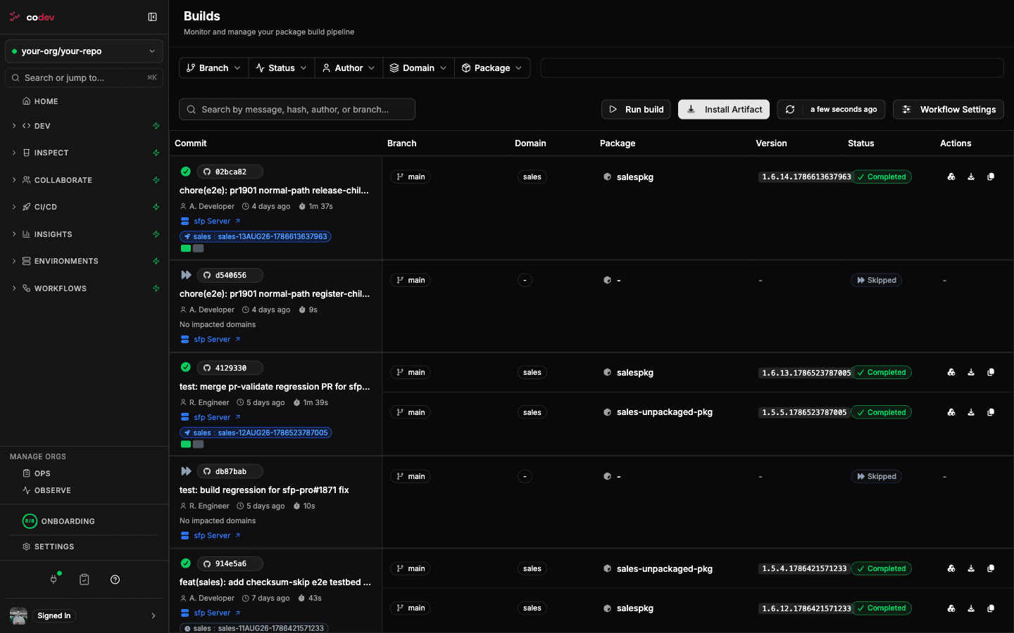 The Builds page with the Run build action in the toolbar