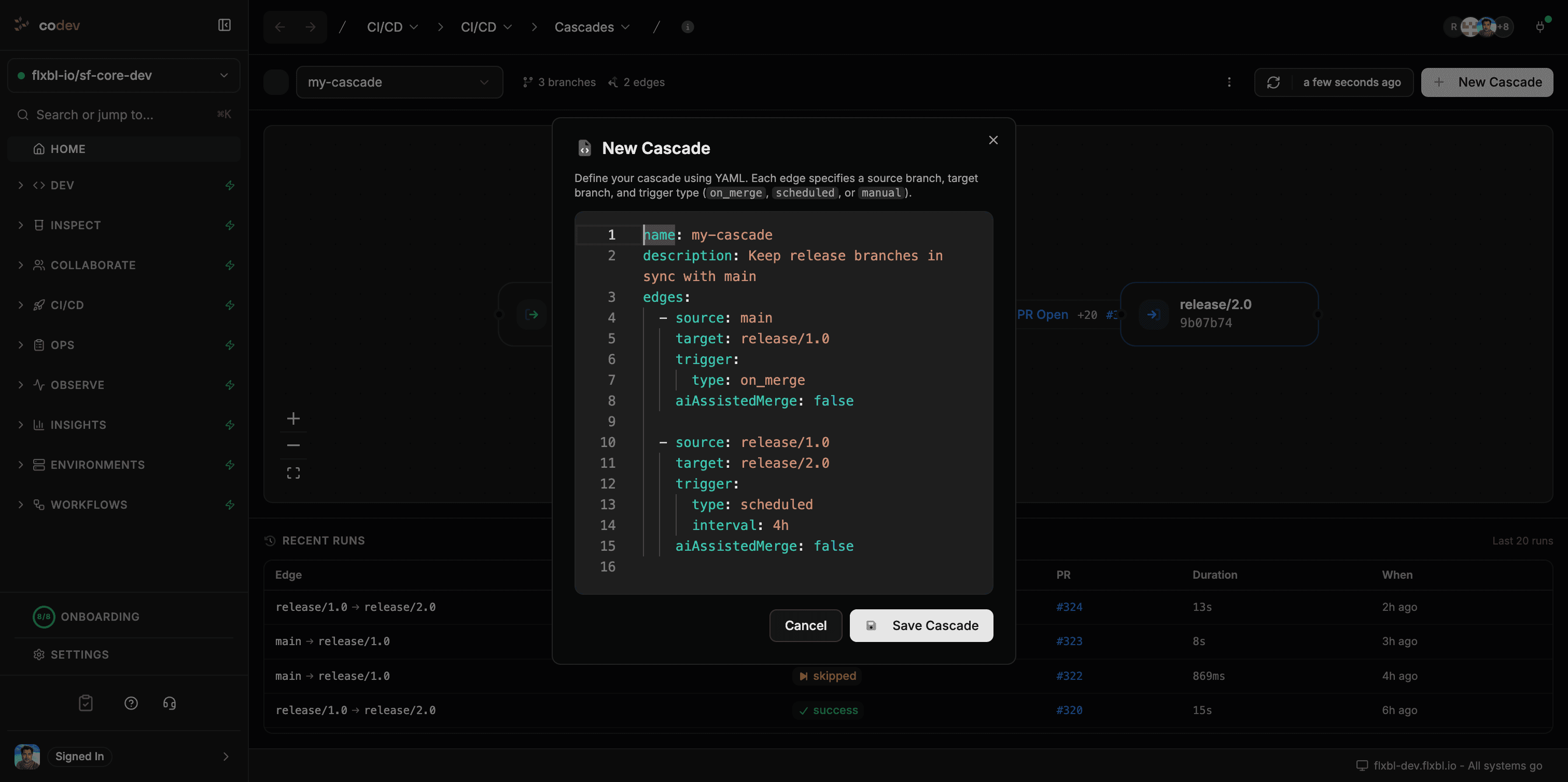 New Cascade dialog with the YAML editor
