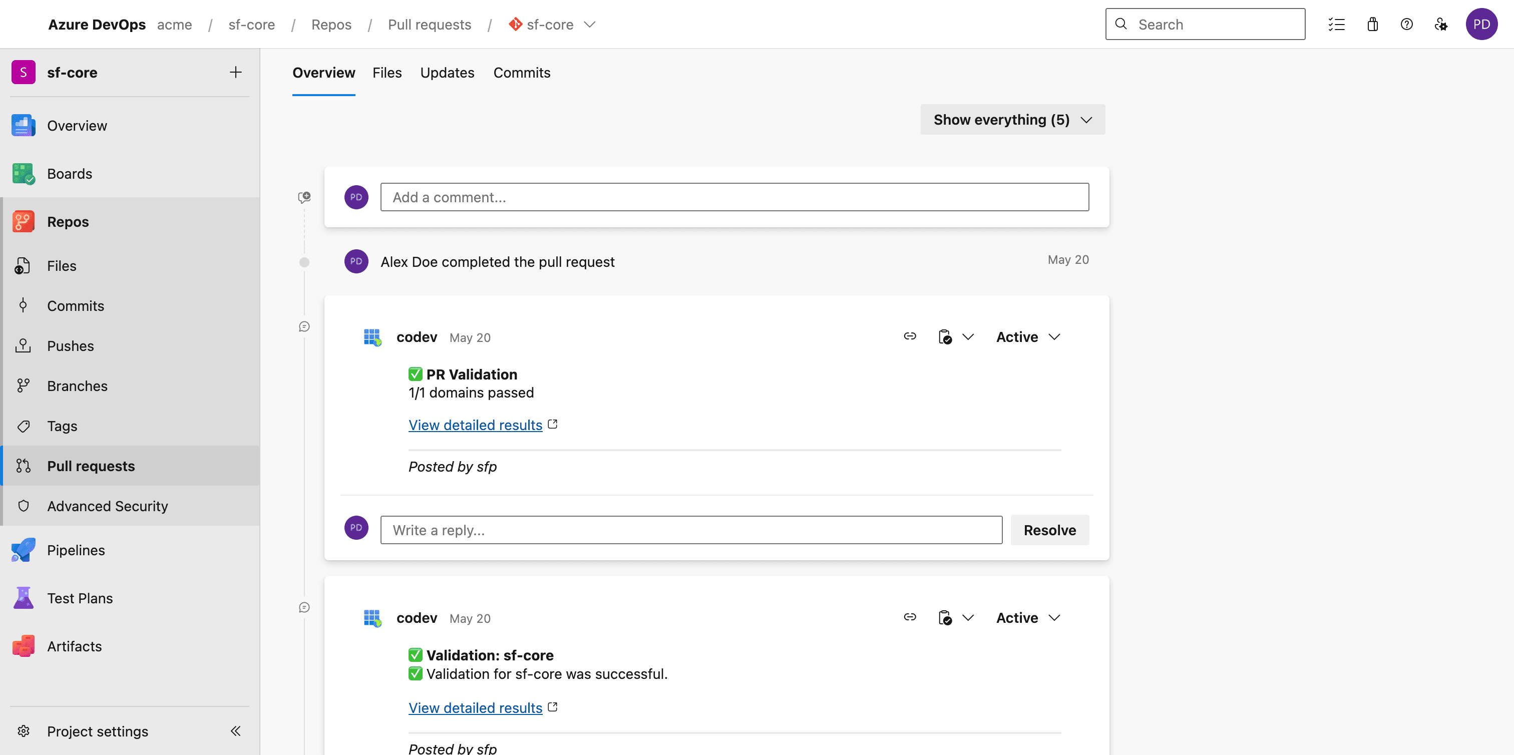 An Azure DevOps pull request with codev validation threads showing PR Validation passed for the impacted domain, with links to the detailed results