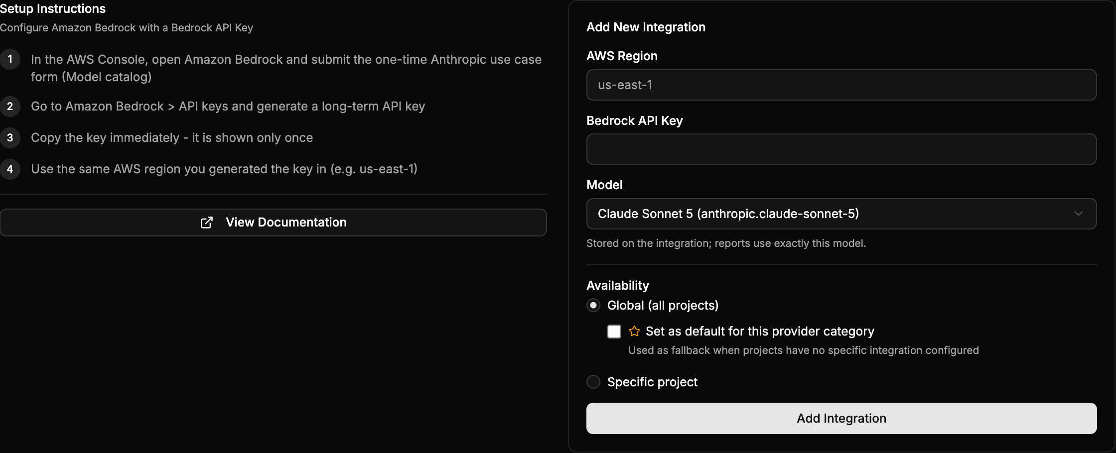 The Amazon Bedrock connect form with AWS Region, Bedrock API Key, and Model fields