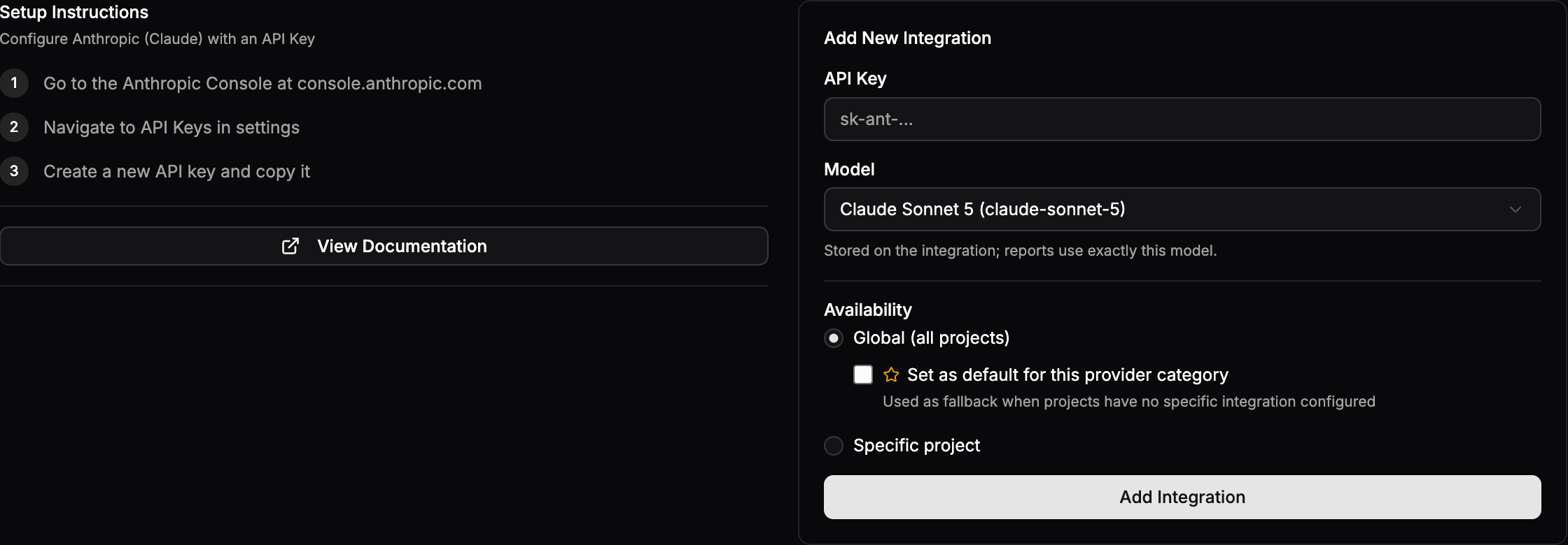 The Anthropic (Claude) connect form with an API Key field and a Model selector