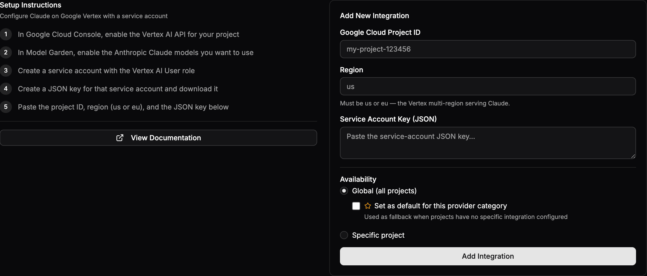 The Claude on Google Vertex connect form with Google Cloud Project ID, Region, and Service Account Key (JSON) fields