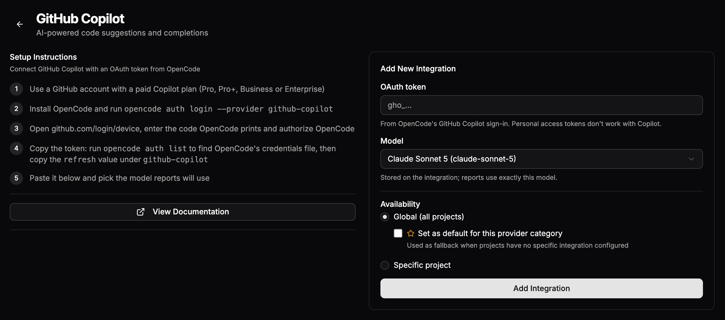 The GitHub Copilot page: setup steps for OpenCode's sign-in on the left, and the form with an OAuth token field, the Model selector and Availability options