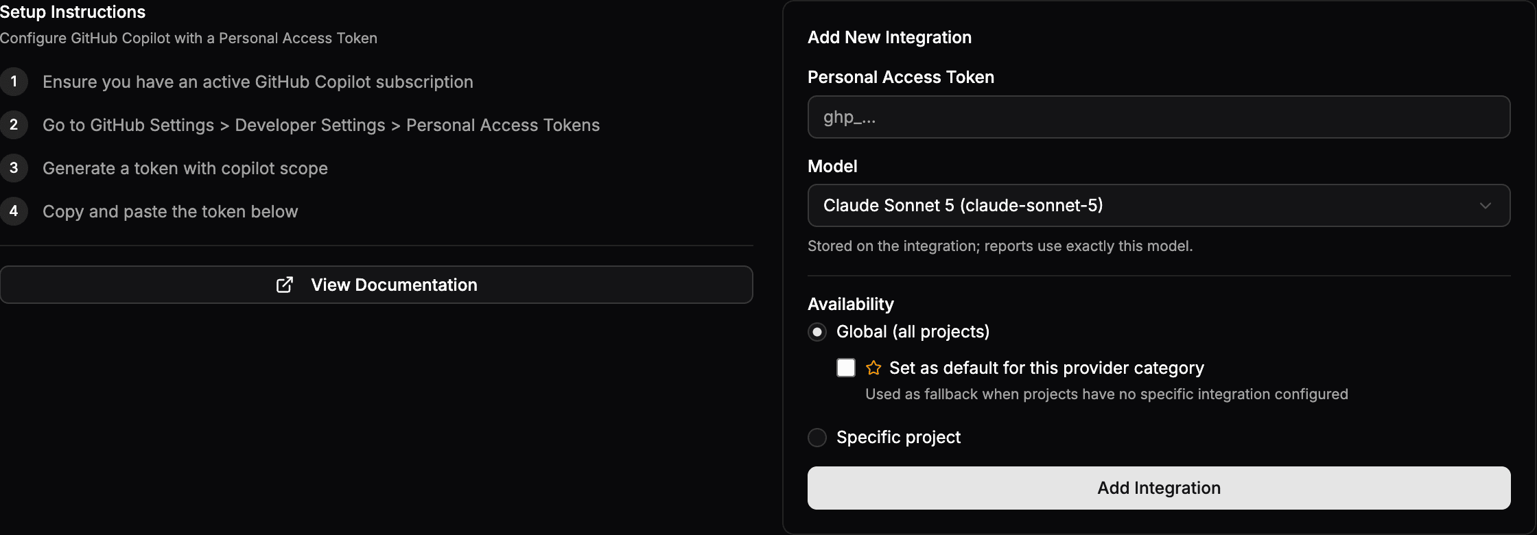The GitHub Copilot connect form with a Personal Access Token field and a Model selector