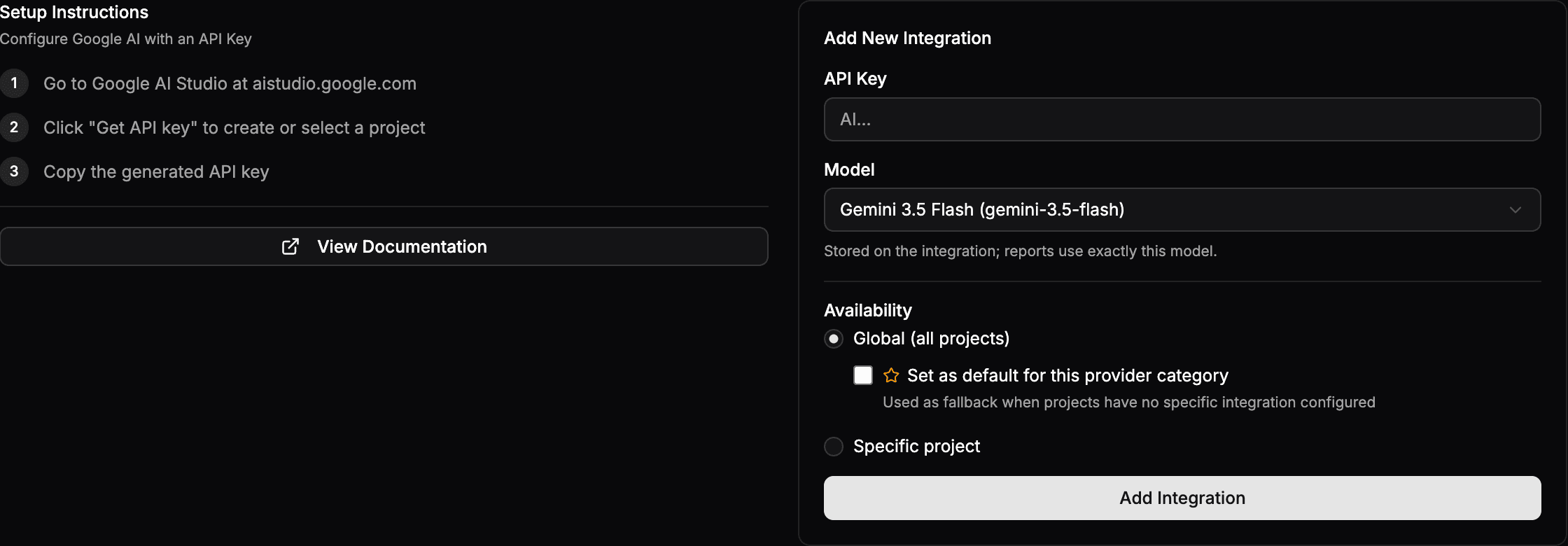 The Google AI connect form with an API Key field and a Model selector