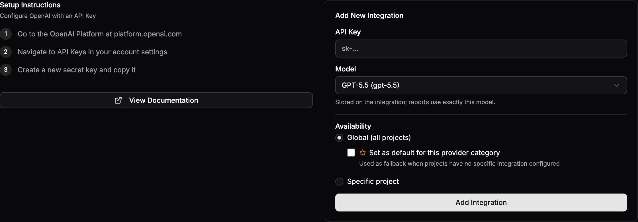 The OpenAI connect form with an API Key field and a Model selector