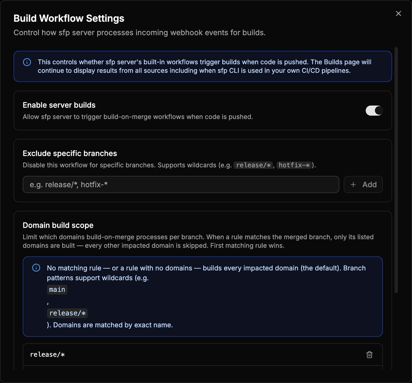 Build Workflow Settings dialog with the Enable server builds toggle, branch exclusions, and domain build scope