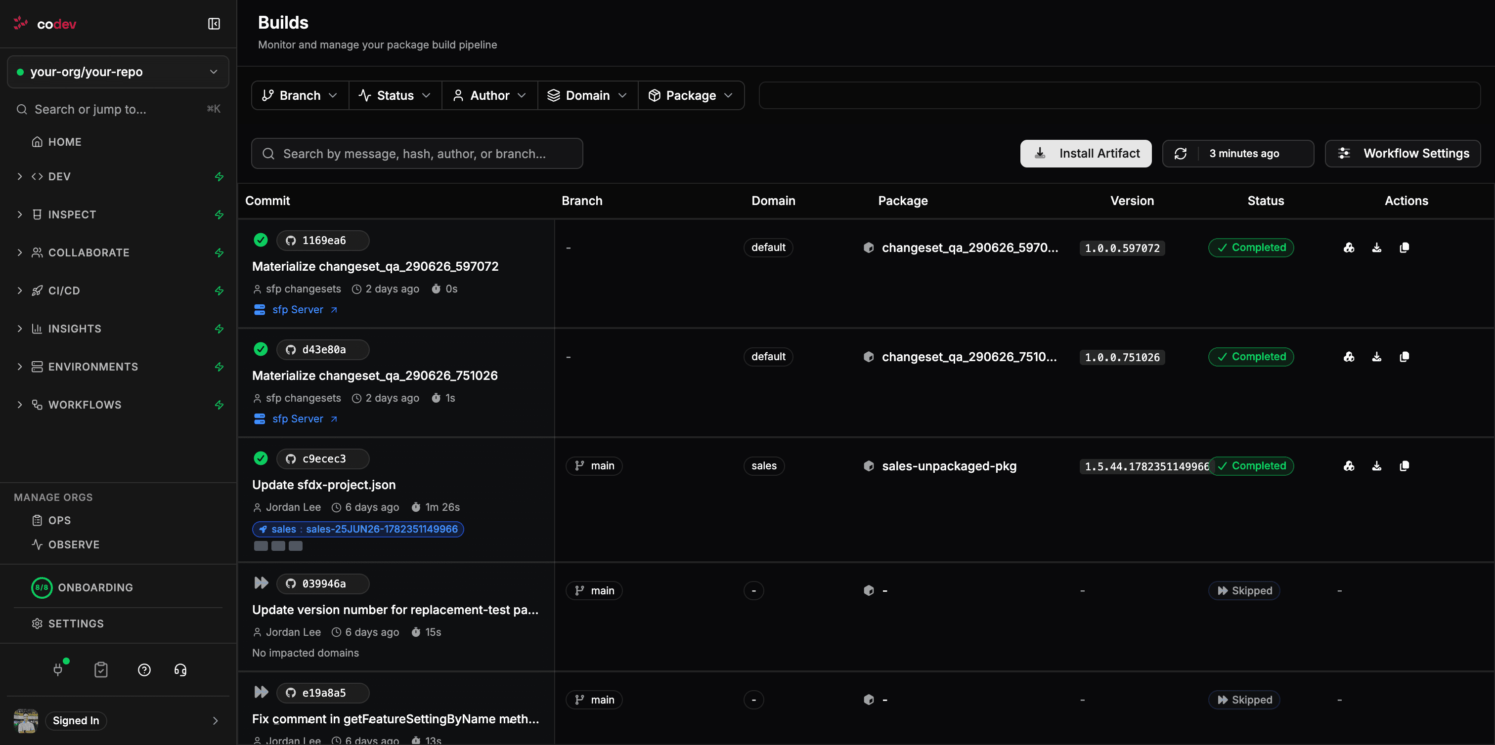 Builds page listing server-produced builds grouped by domain, with per-domain filtering