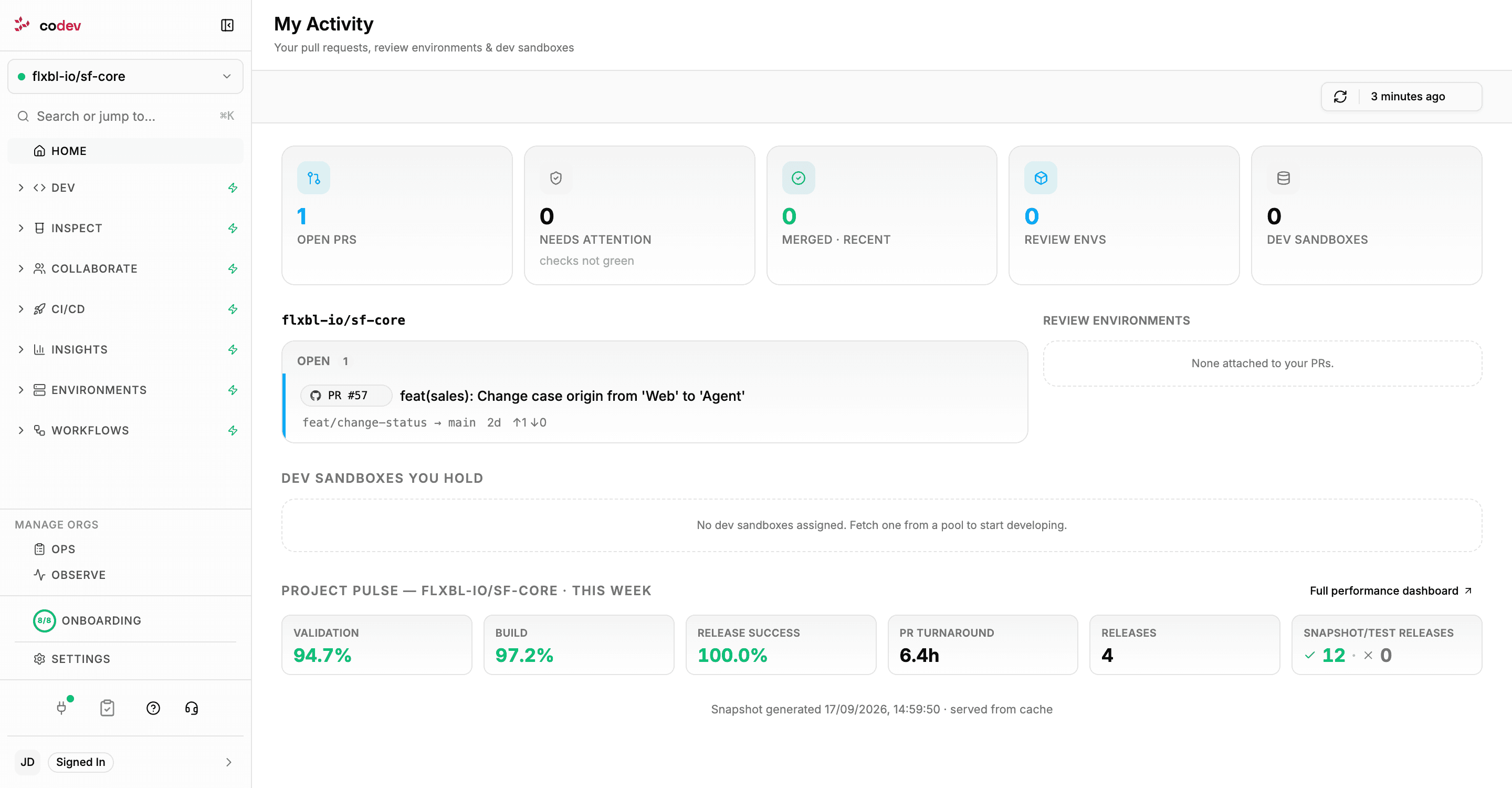 codev home page in the web app