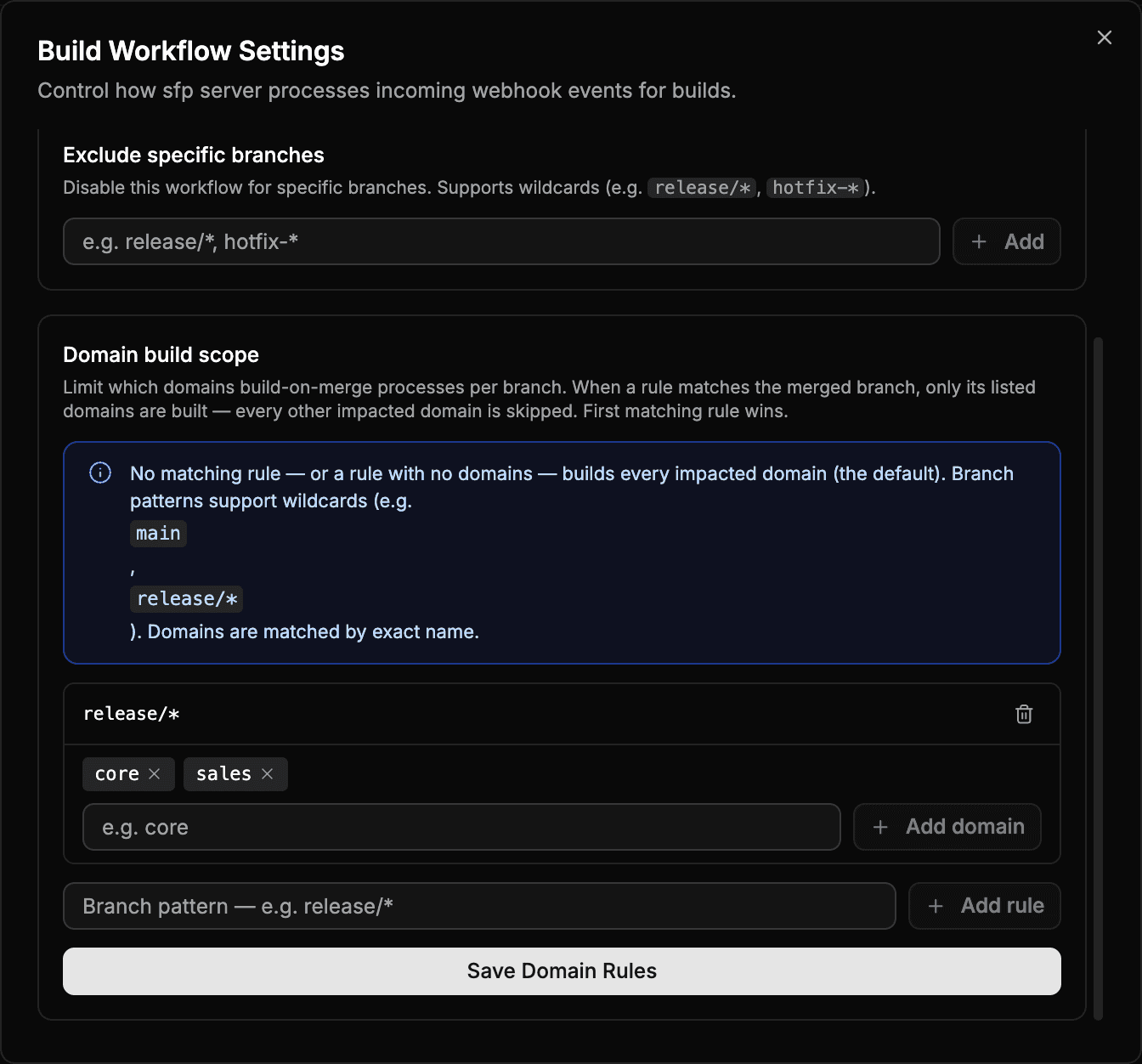 Domain build scope rule limiting the release/* branch to the core and sales domains