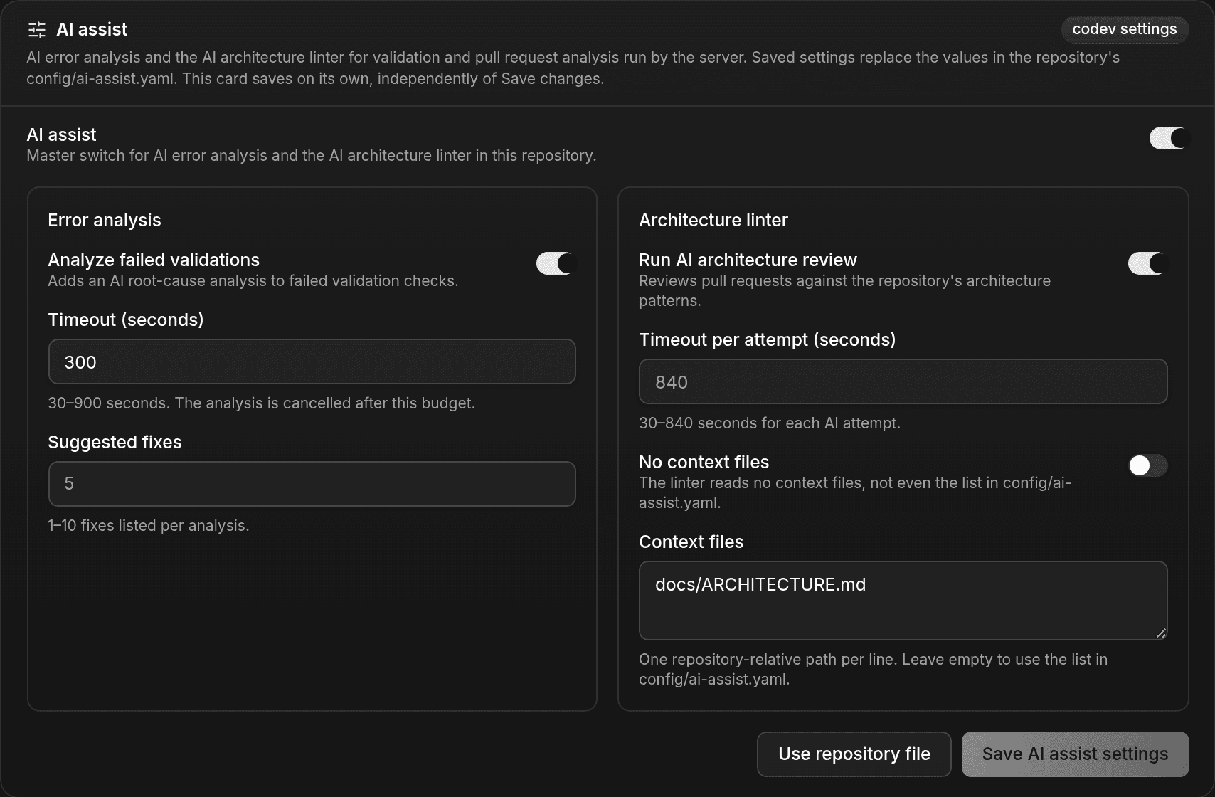 AI assist card on the AI tab of a project's settings