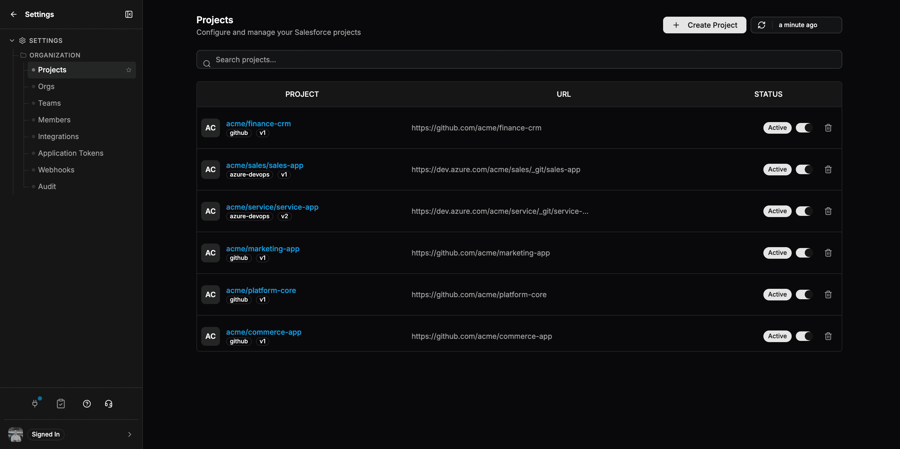 The Settings > Projects page listing connected repositories from GitHub and Azure DevOps, each with its URL and active status