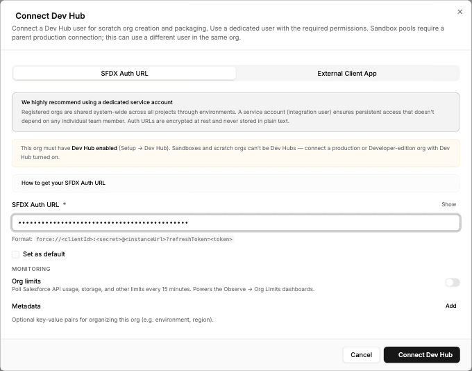 Connect Dev Hub dialog with the SFDX Auth URL field and the CLI how-to steps
