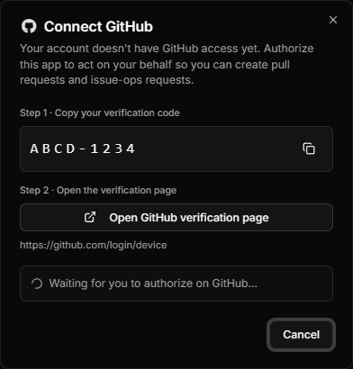The device-login dialog showing a verification code to copy and a button to open the provider verification page