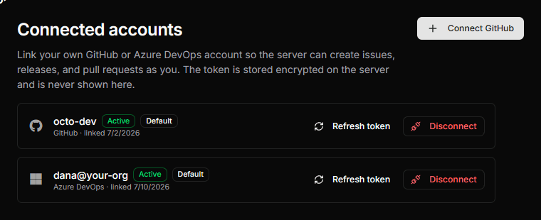 The Connections page listing a linked GitHub account and a linked Azure DevOps account