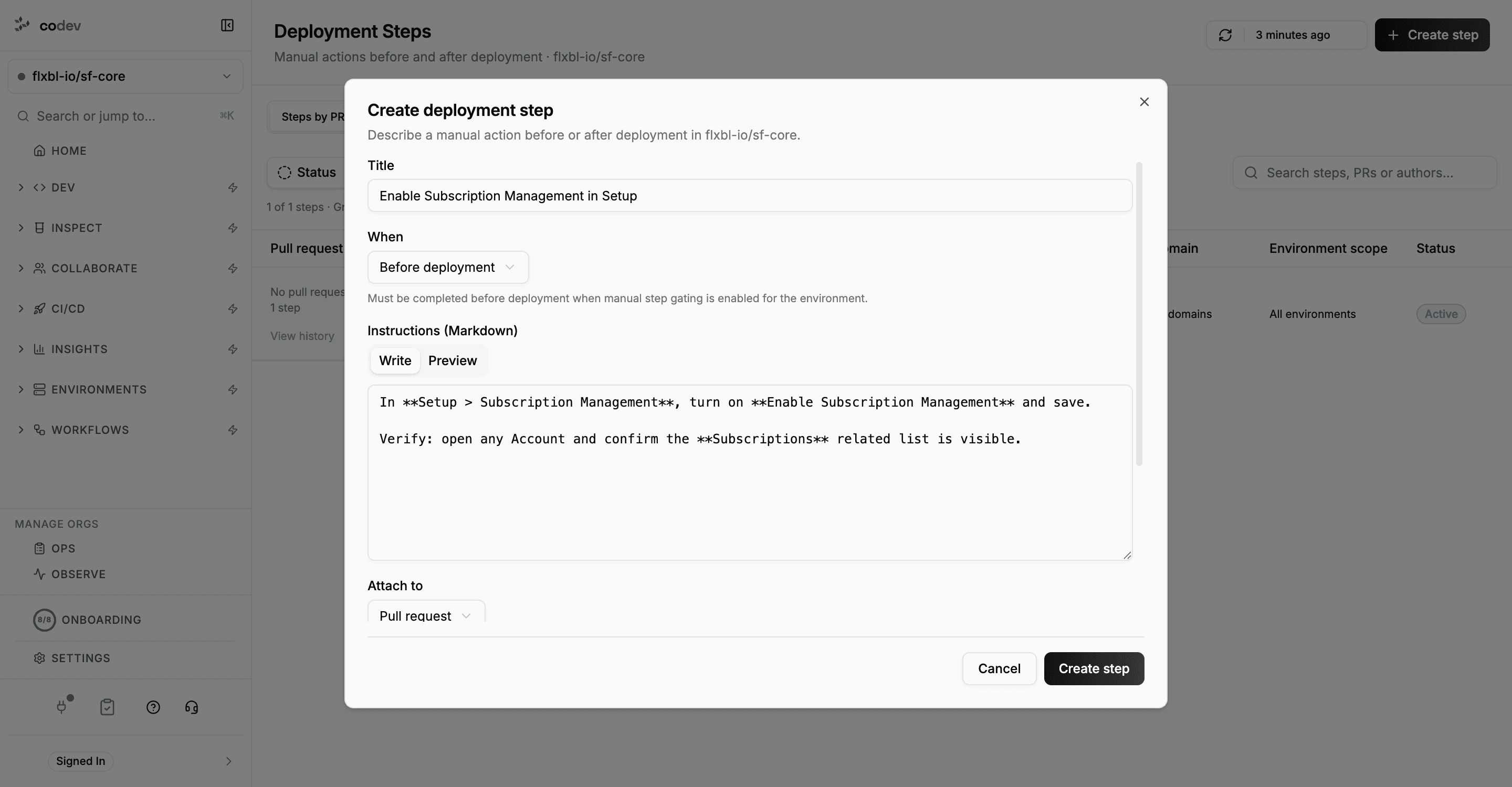 The Create deployment step dialog