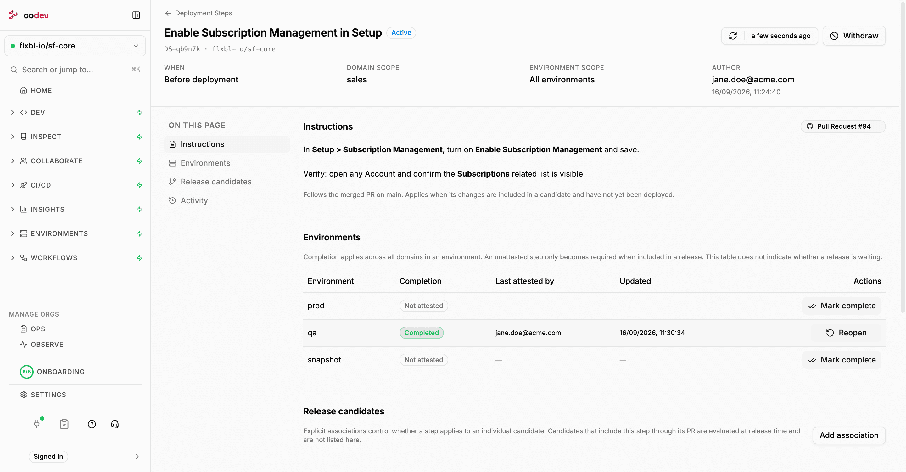 A deployment step's detail page with its scope, instructions, environments and activity