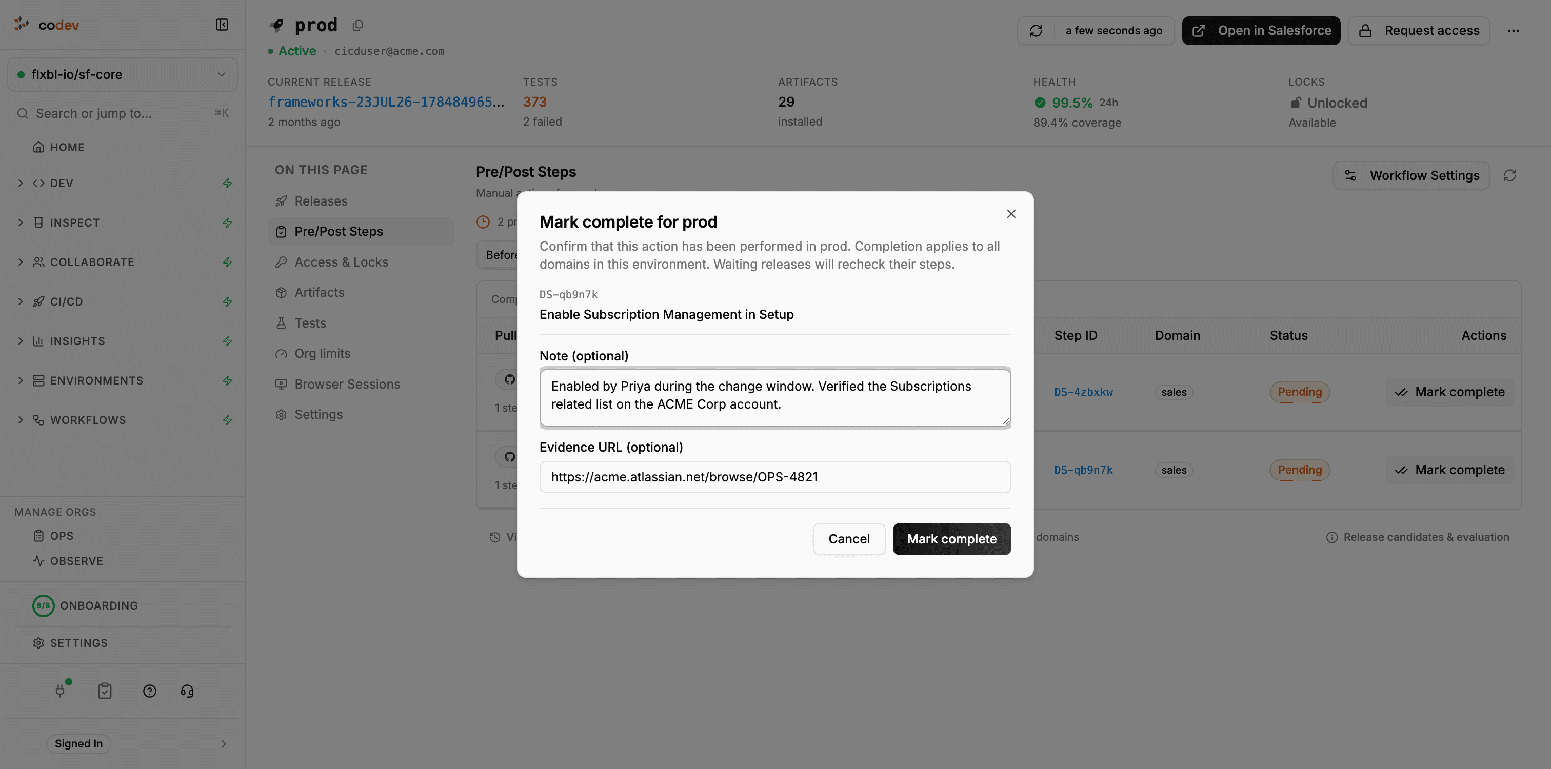 The Mark complete dialog with note and evidence URL fields