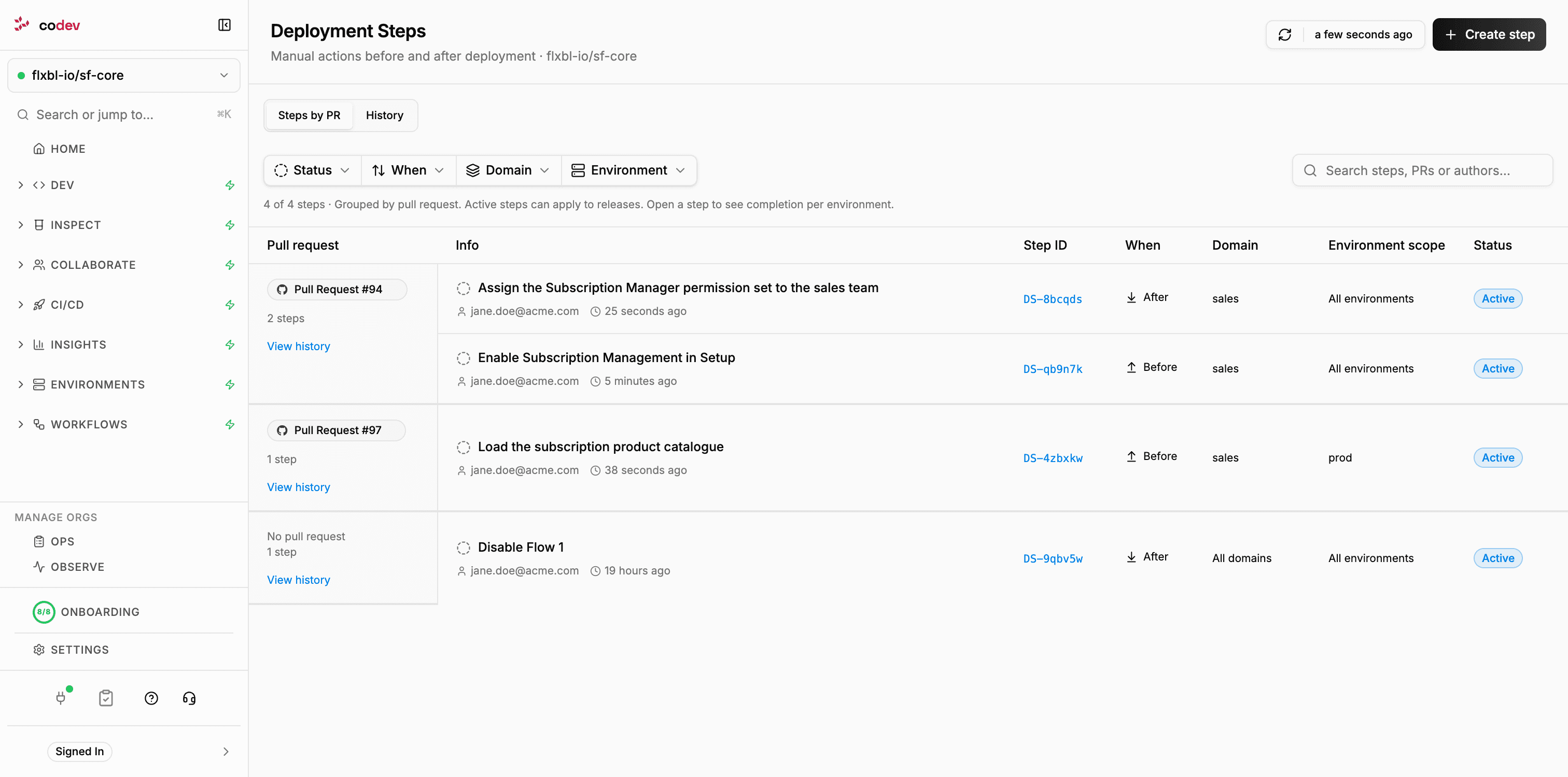 The Deployment Steps page listing steps grouped by pull request