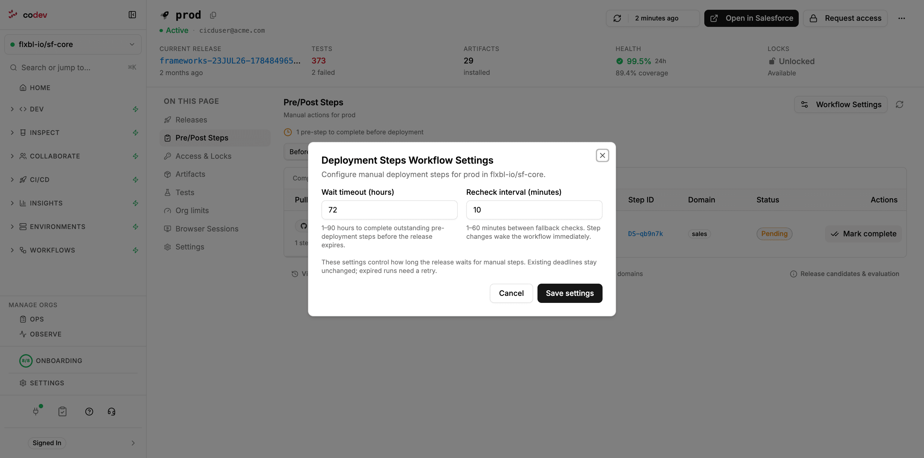 The Deployment Steps Workflow Settings dialog with wait timeout and recheck interval