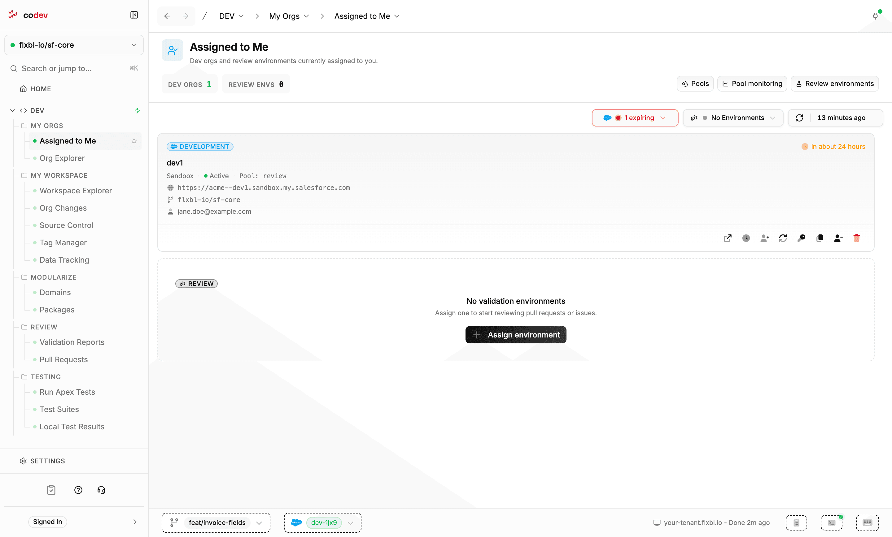 Assigned to Me showing a development sandbox card with its instance URL, project, user, and time until expiry