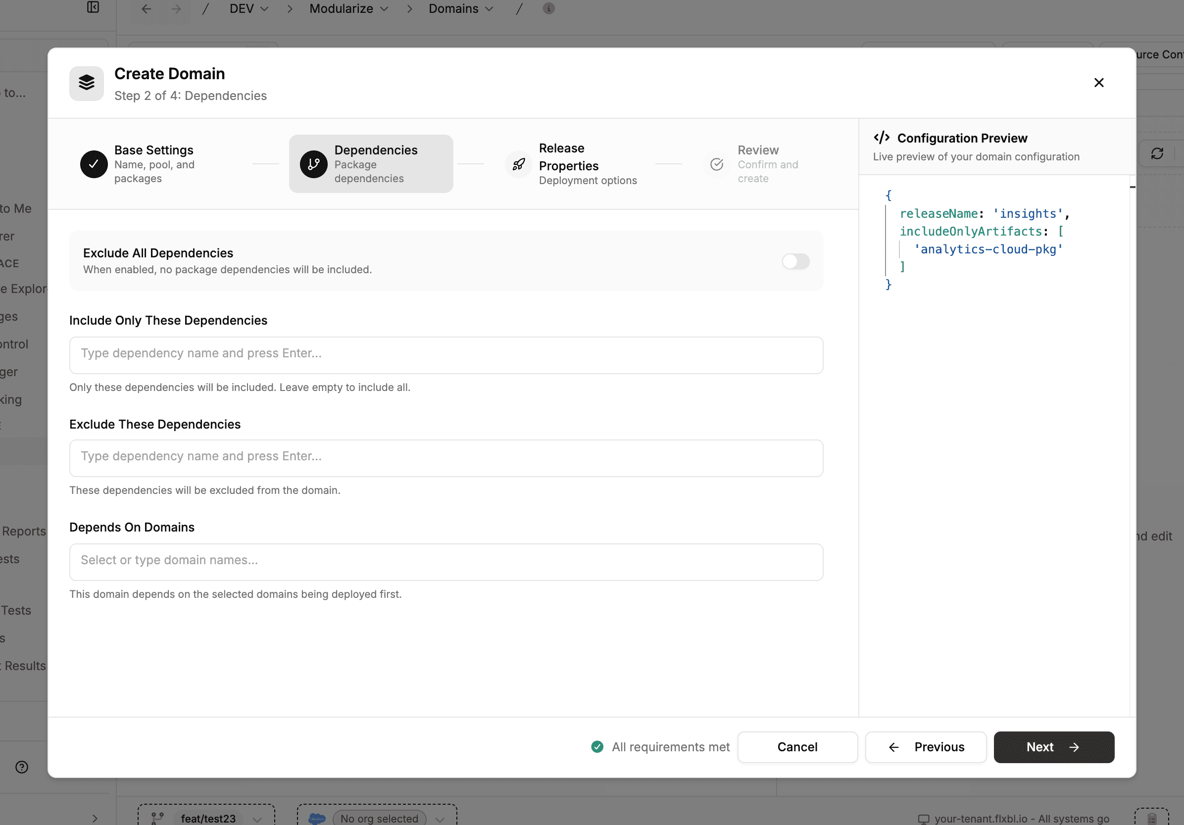 The Create Domain wizard's dependencies step with the exclude-all toggle and inputs for included, excluded, and domain dependencies, beside the live configuration preview