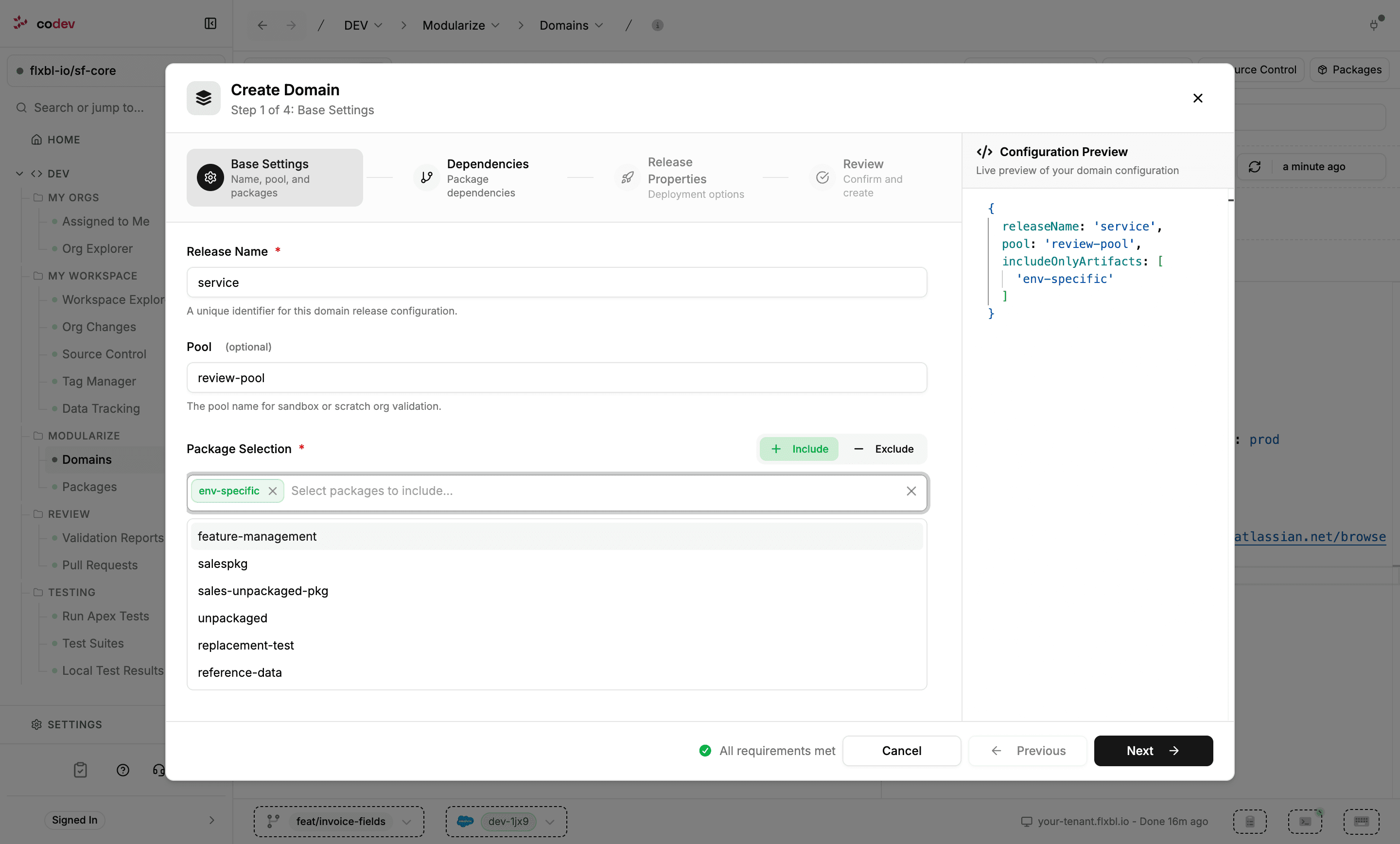 The Create Domain wizard on its first step with a release name, a pool, an included package, and a live configuration preview