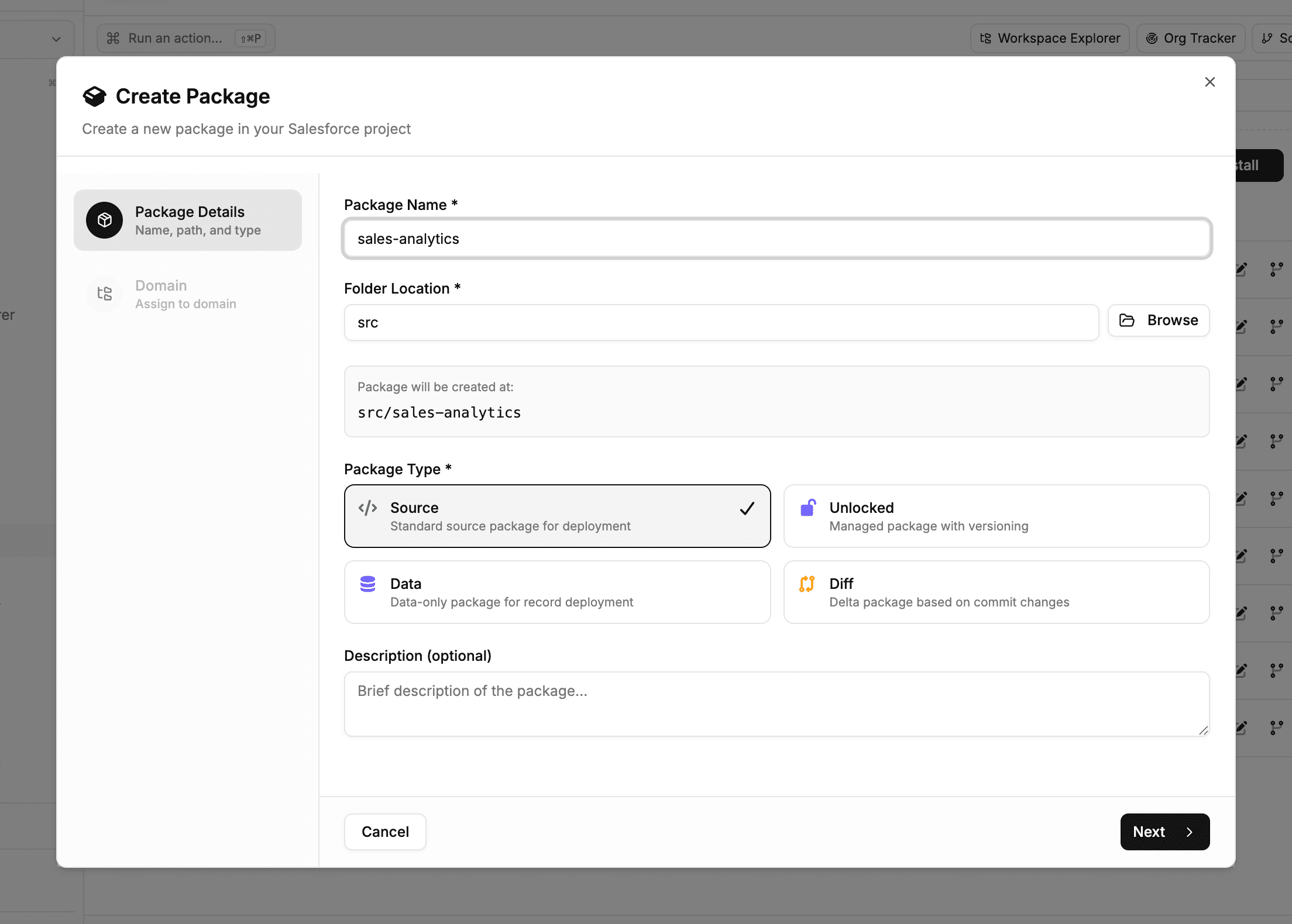 The Create Package dialog with the package type choice — Source preselected, with Unlocked, Data, and Diff alongside