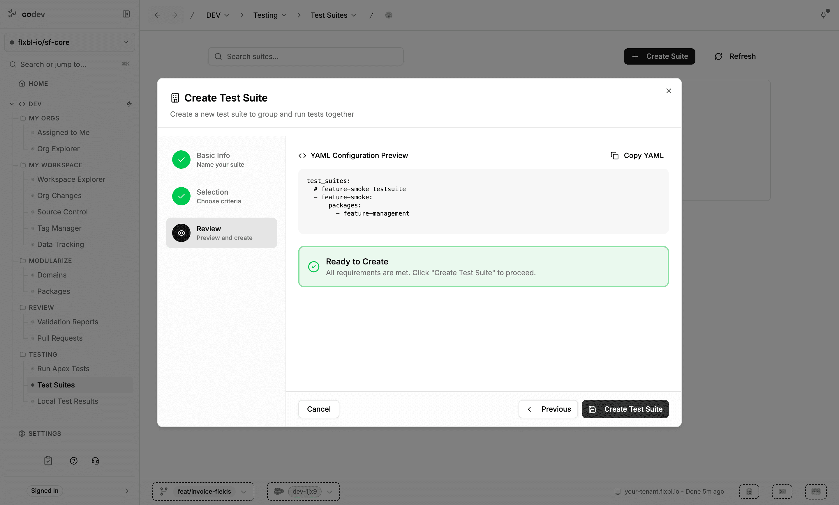 The Create Test Suite wizard on its review step with the YAML configuration preview and a Ready to Create confirmation