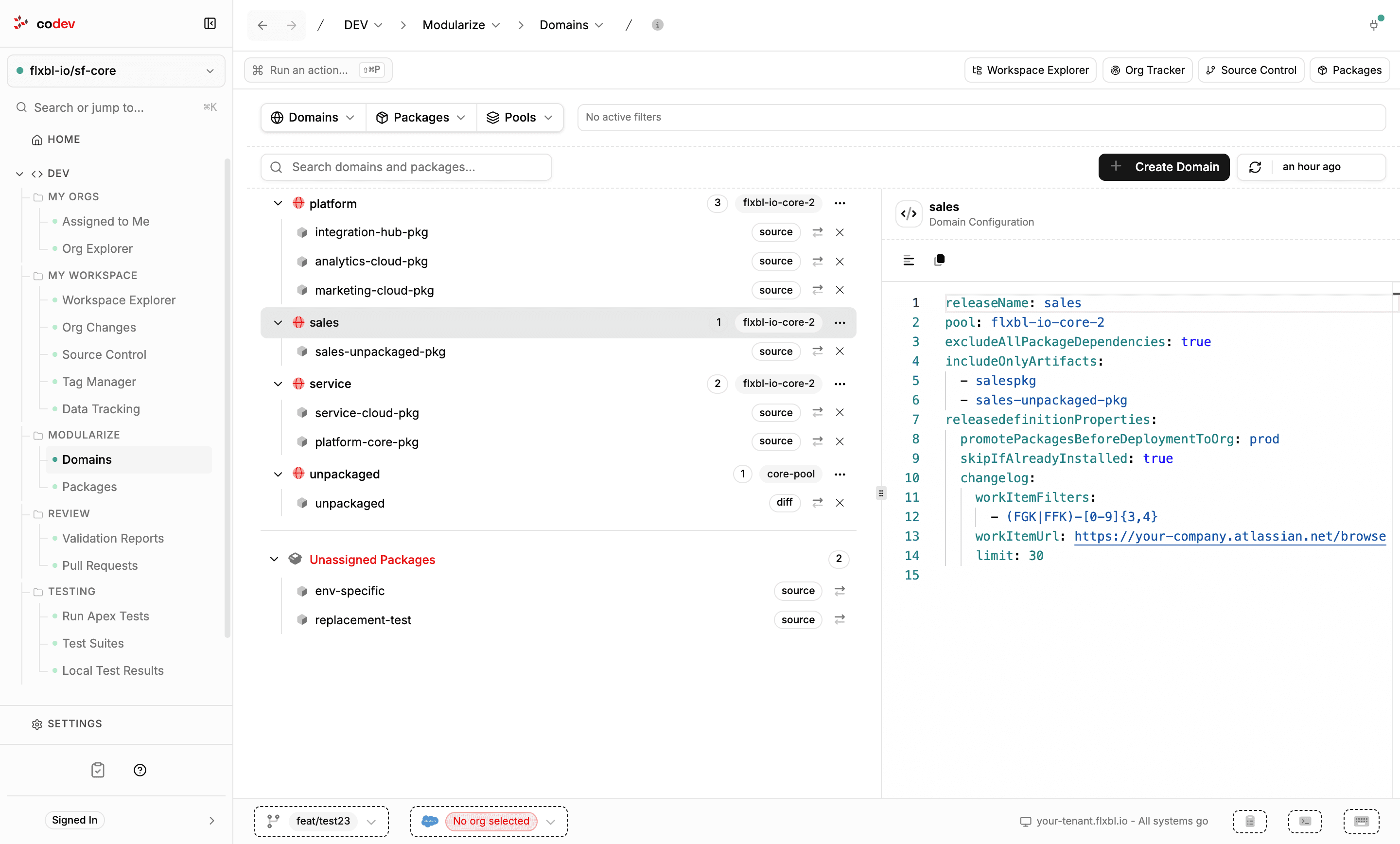 The Domains page with the domain tree on the left — each domain with its packages and pool — and the sales domain's release configuration open in the YAML editor