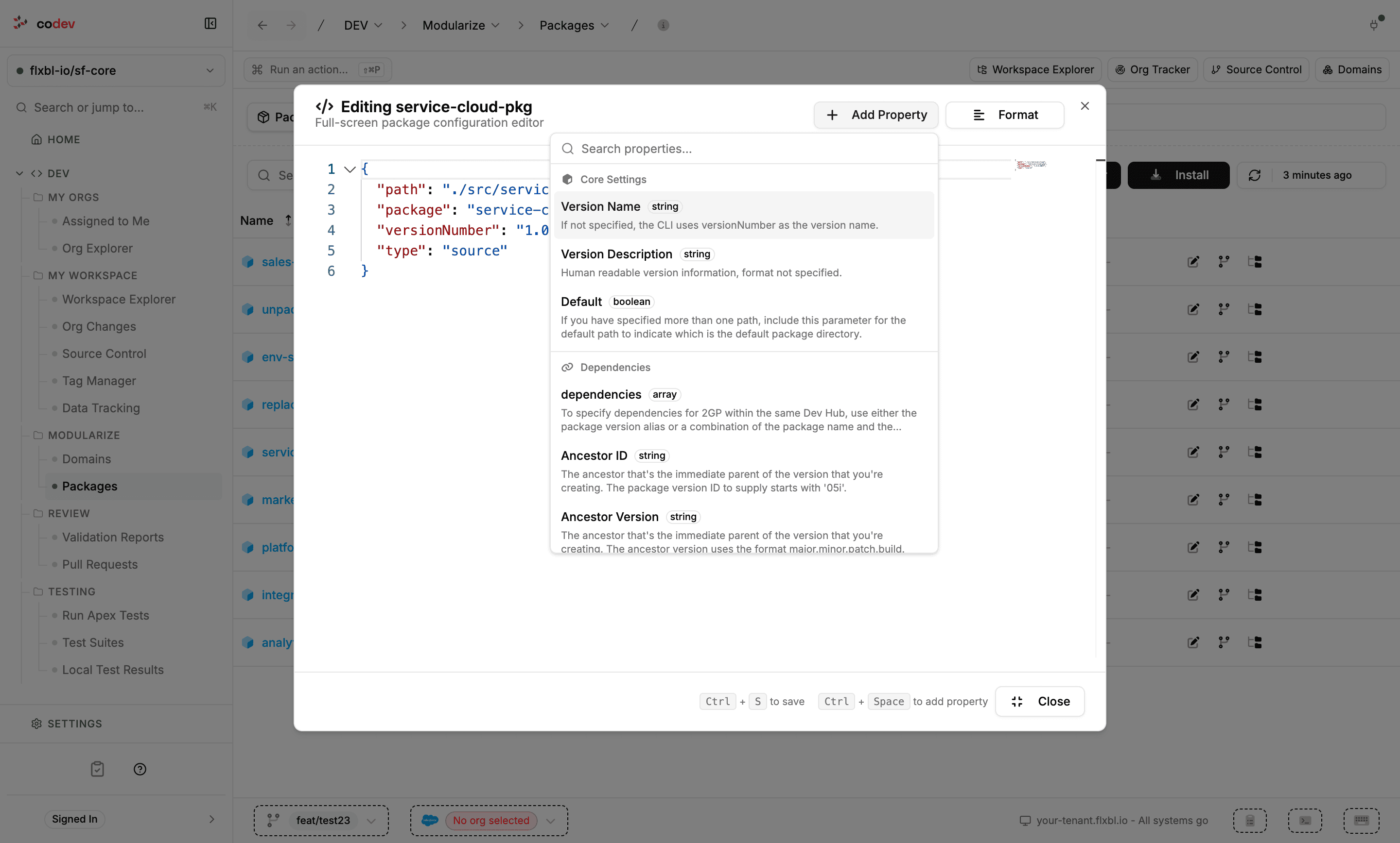 The Edit Package editor with the Add Property picker open over the package's JSON entry, showing the dependencies group