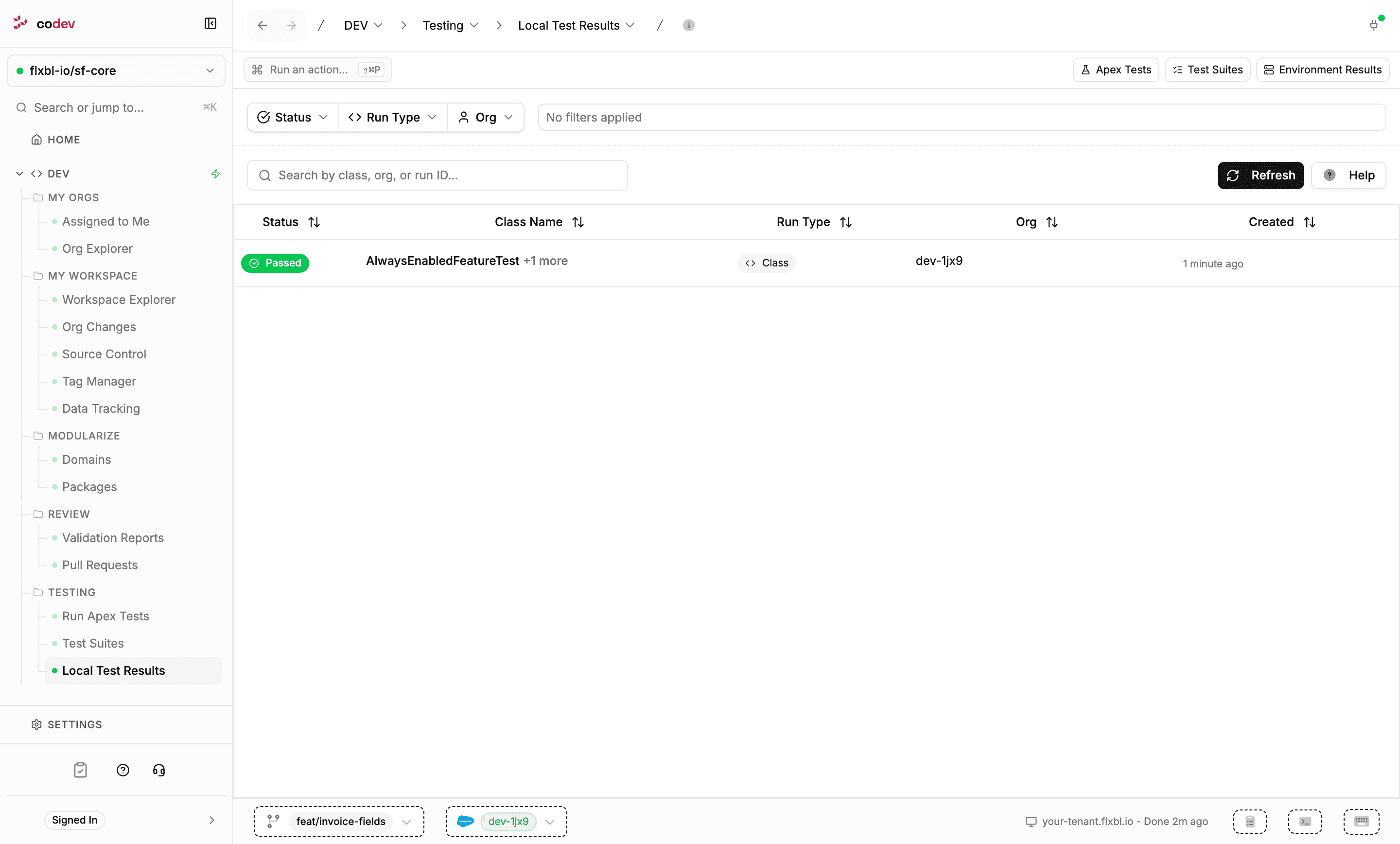 The Local Test Results page listing a passed run with its classes, run type, org, and time