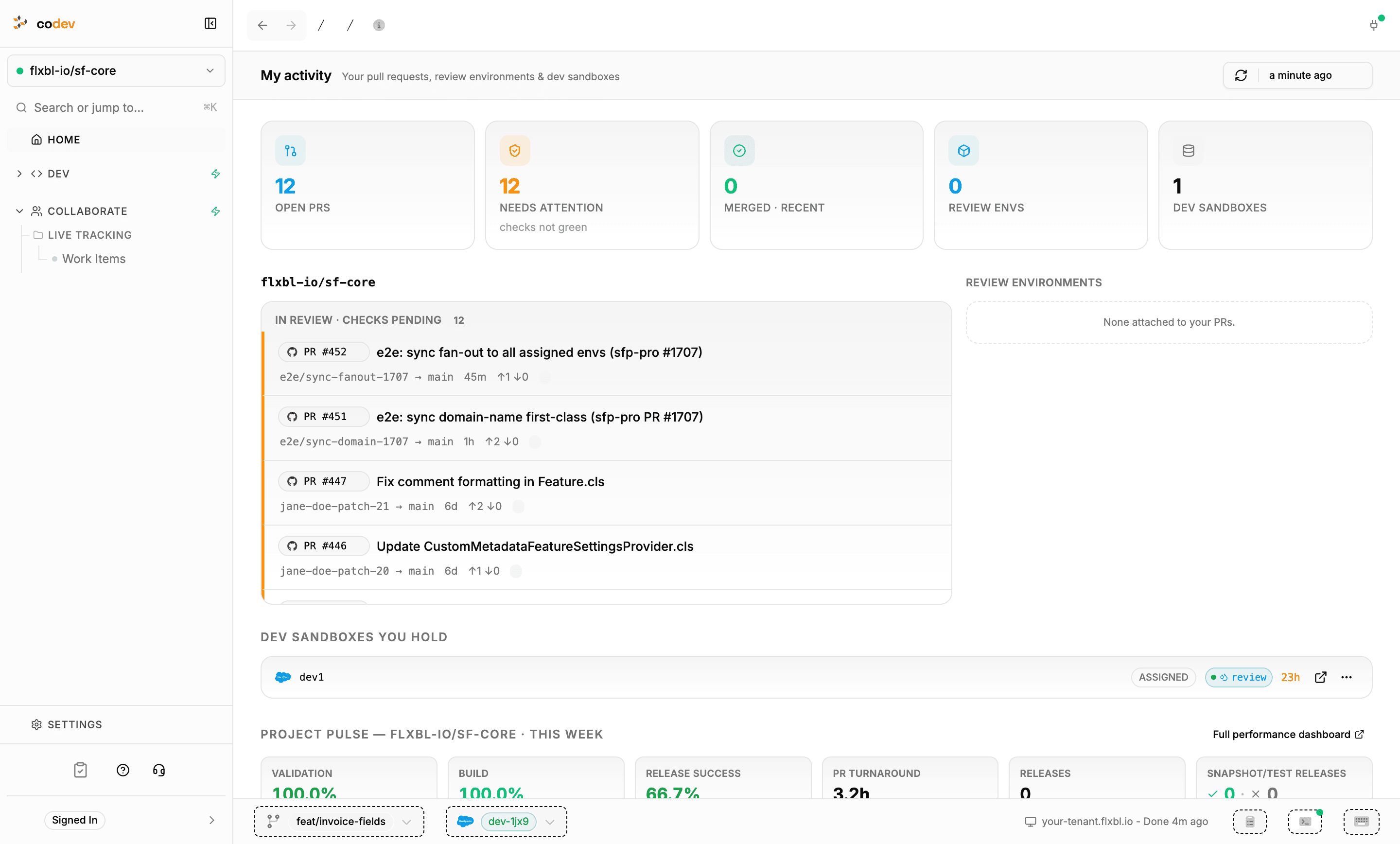 The My activity home page showing open pull request counts, a list of pull requests in review, and the dev sandboxes you hold