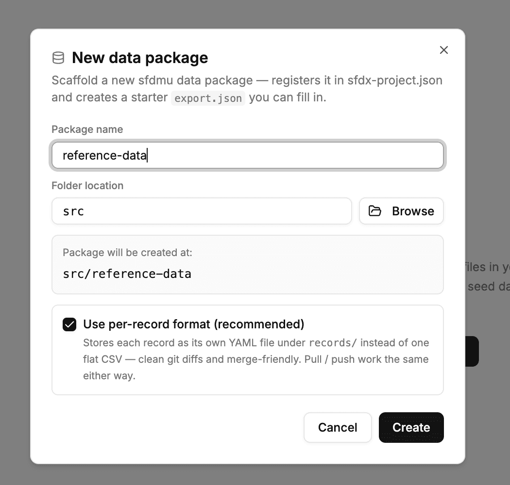 The New data package dialog with a package name, folder location, and the per-record format checkbox