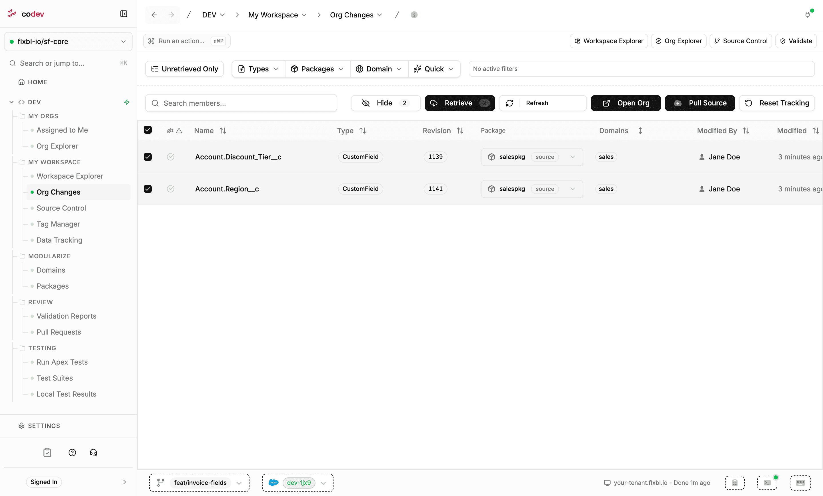Org Changes listing two changed custom fields, selected, each with a package selector set to salespkg