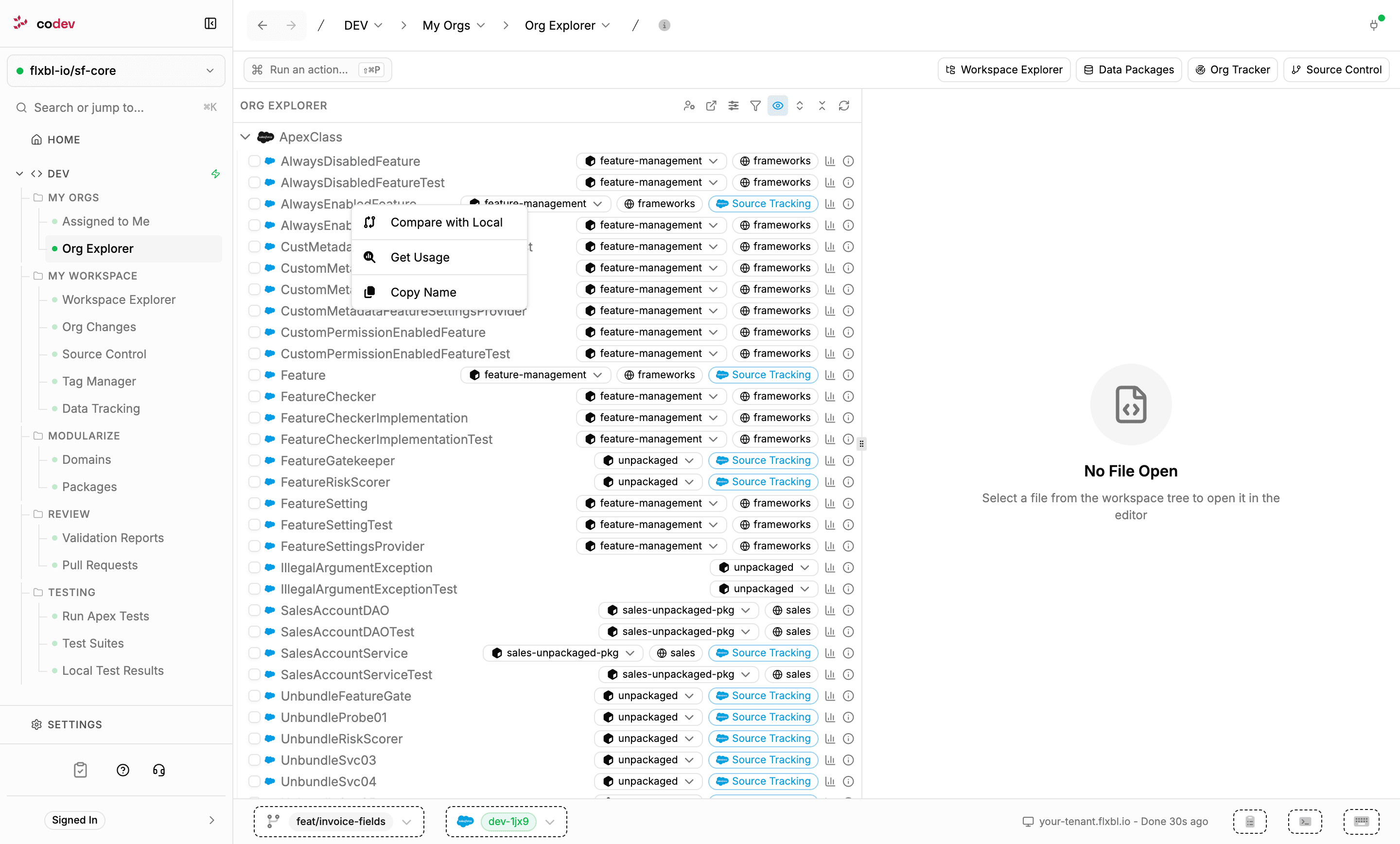 The right-click context menu on an org component in Org Explorer showing Compare with Local, Get Usage, and Copy Name