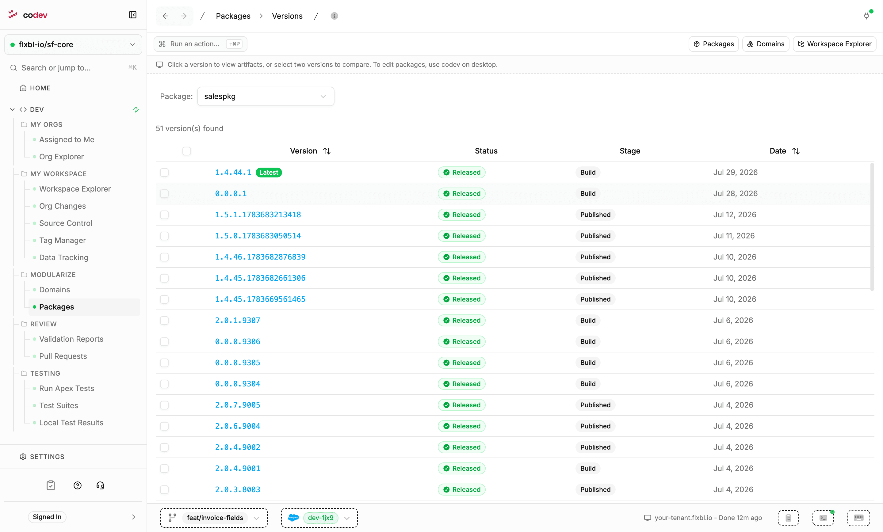 The package versions page listing versions of a package with status, stage, and date columns