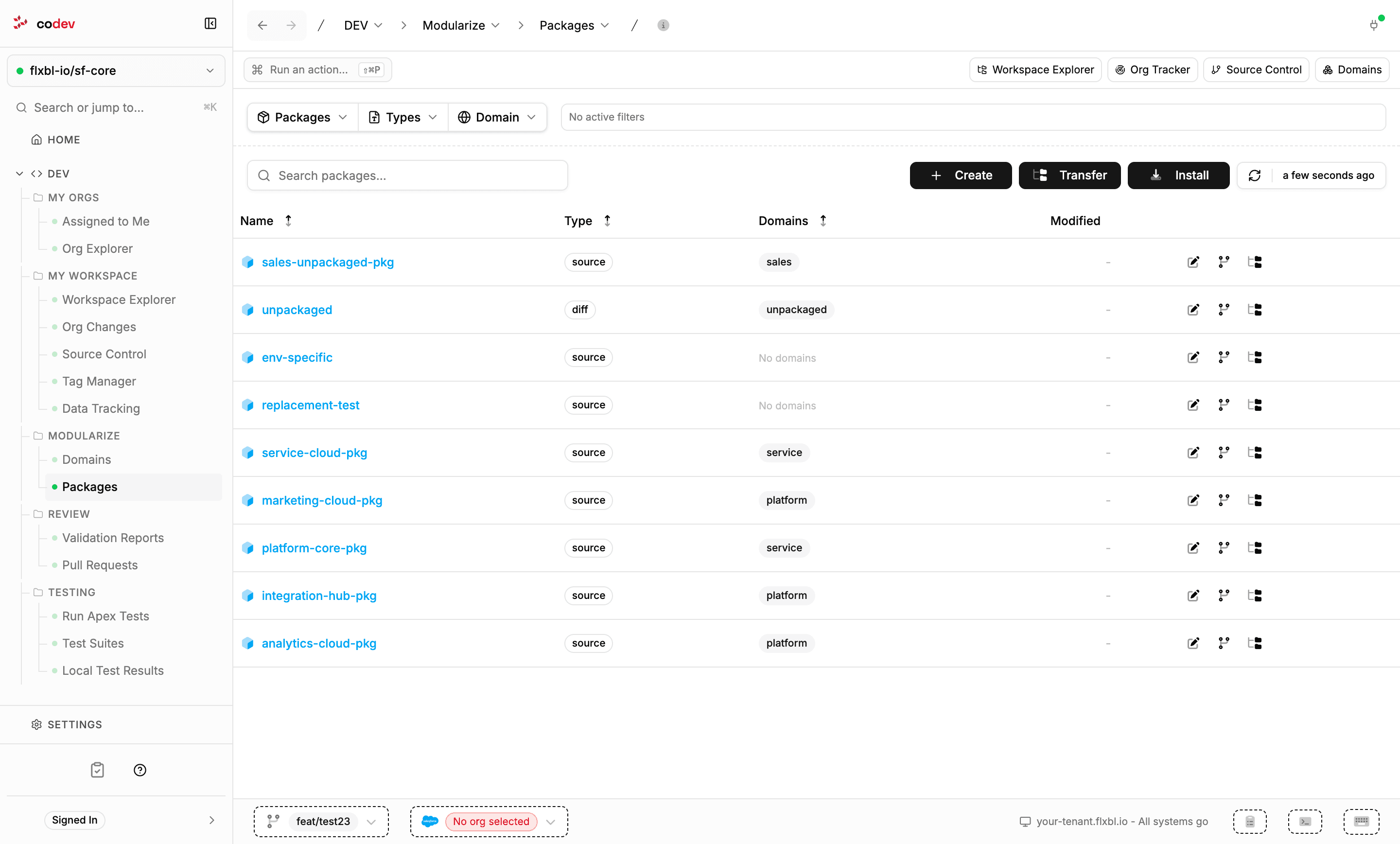 The Packages page listing the project's package directories with type chips, domain assignments, and per-row actions