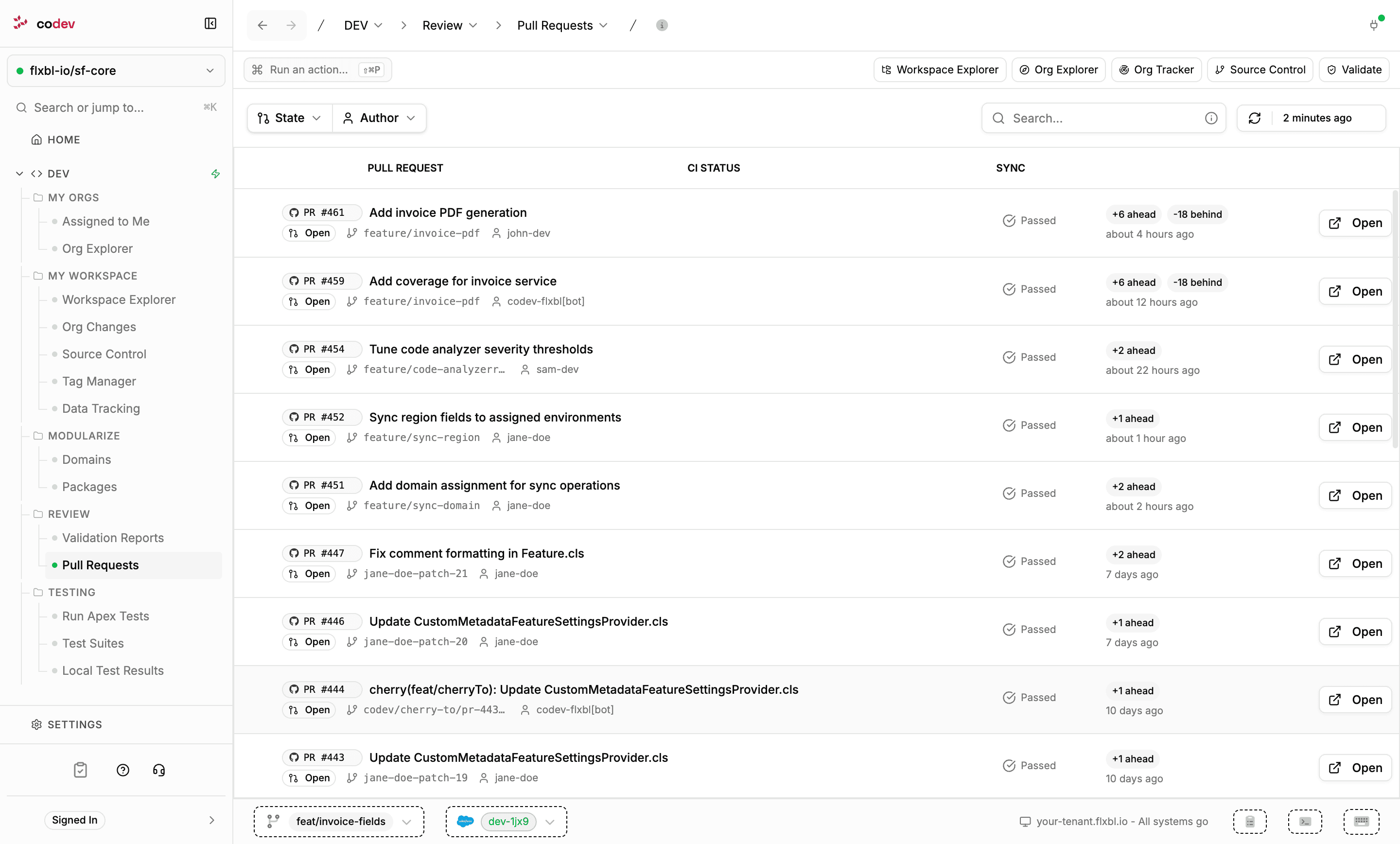 The Pull Requests page listing the project's open pull requests with check status and ahead/behind sync information