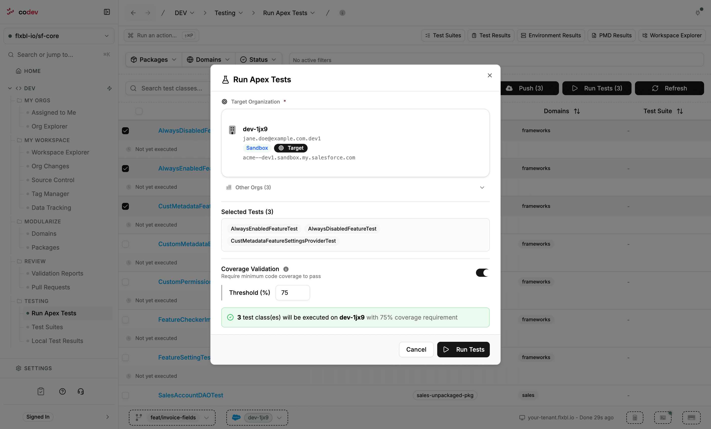 The Run Apex Tests dialog with the target org selected, three selected tests, and coverage validation enabled with a 75% threshold