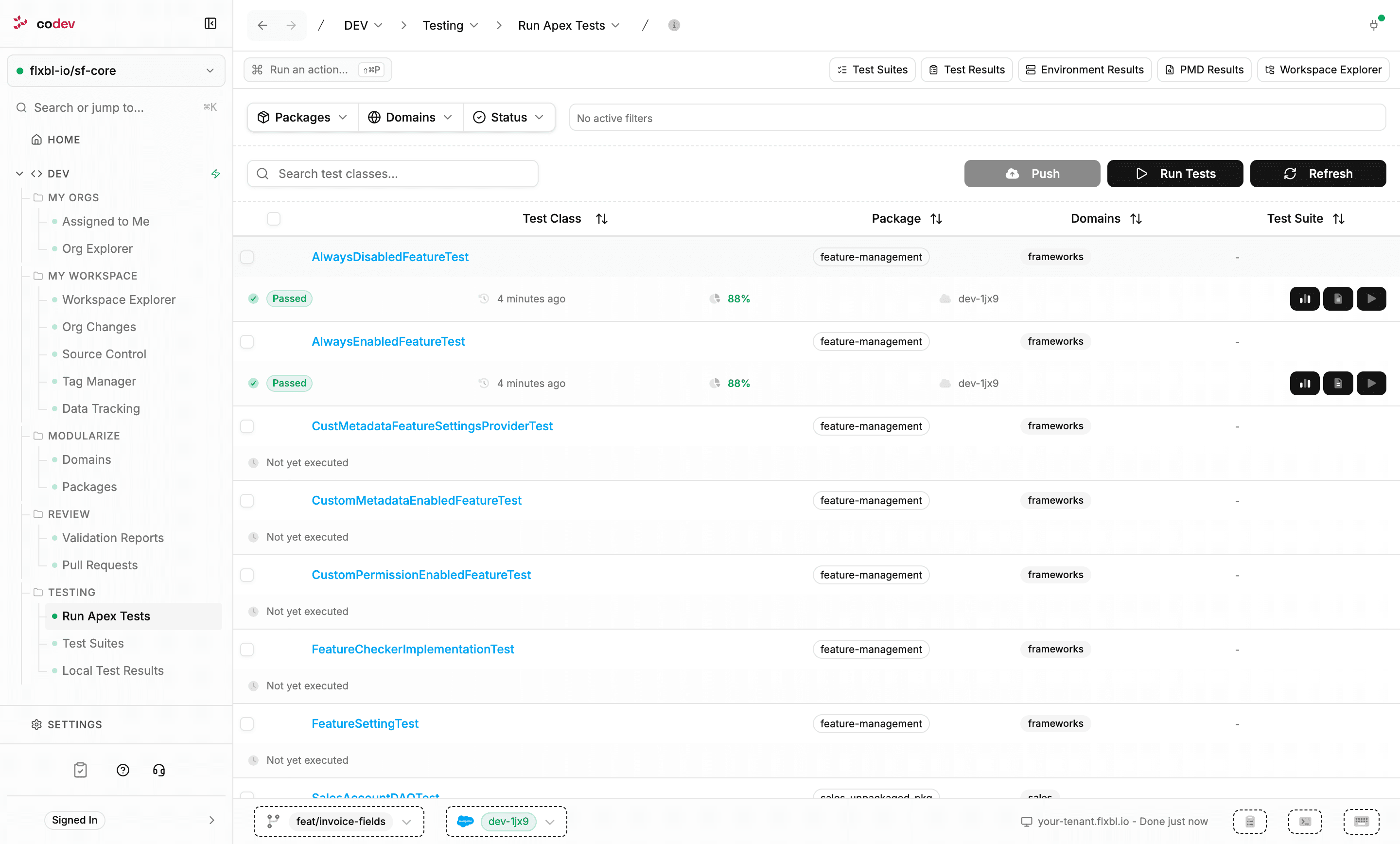 The Run Apex Tests page listing test classes with package and domain, two classes showing a Passed status with coverage from the latest run