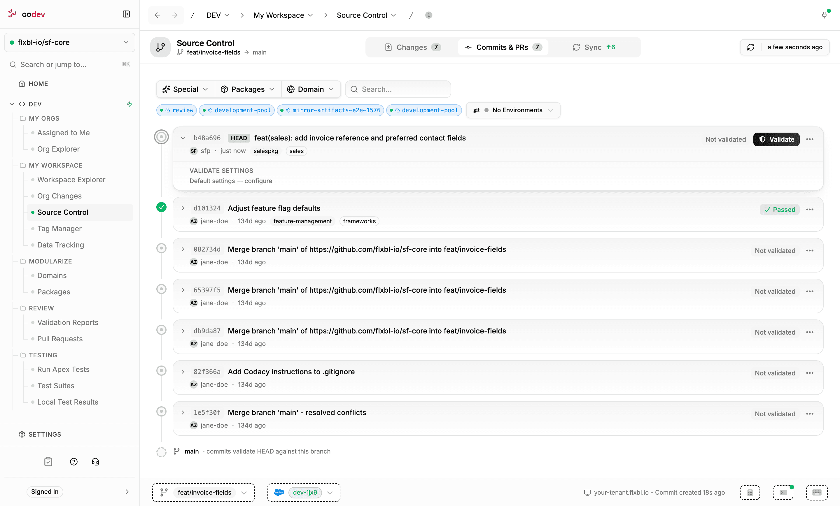 The Commits & PRs tab with the newest commit expanded, showing its Not validated status, the Validate button, and validate settings
