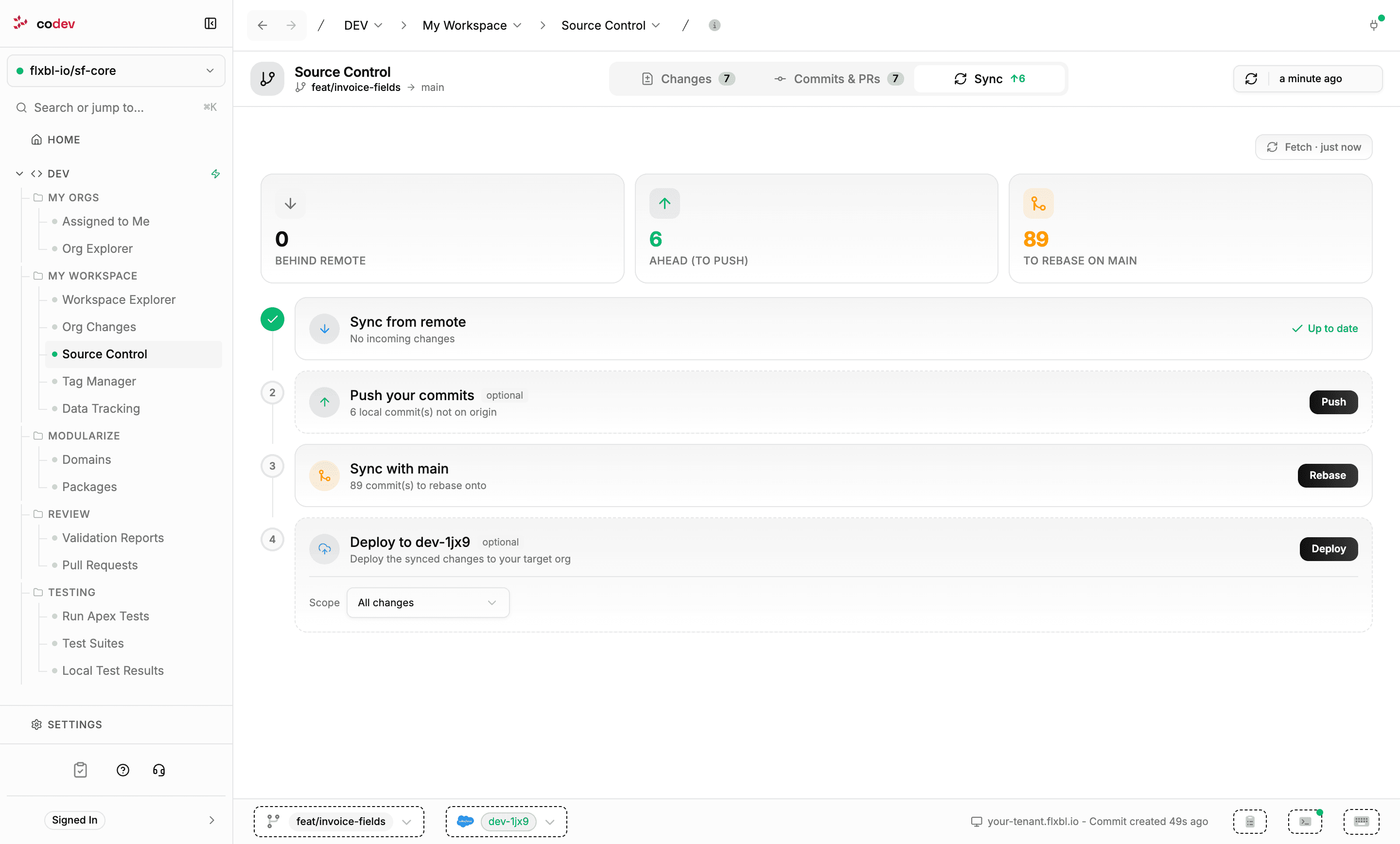 The Sync tab showing the four steps: sync from remote, push your commits, sync with main, and deploy to the target org