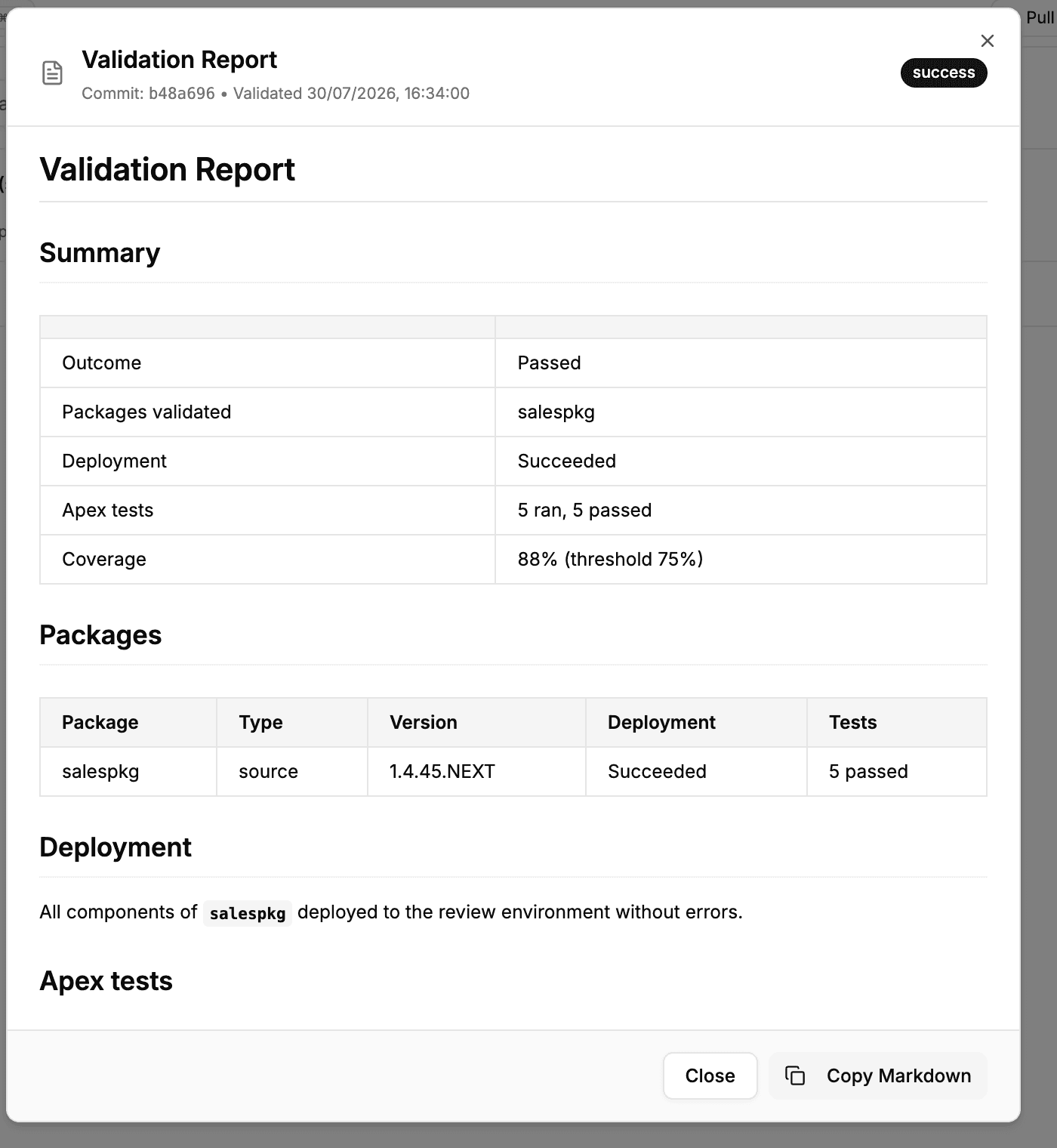 A validation report dialog showing the summary, validated packages, deployment result, and Apex tests