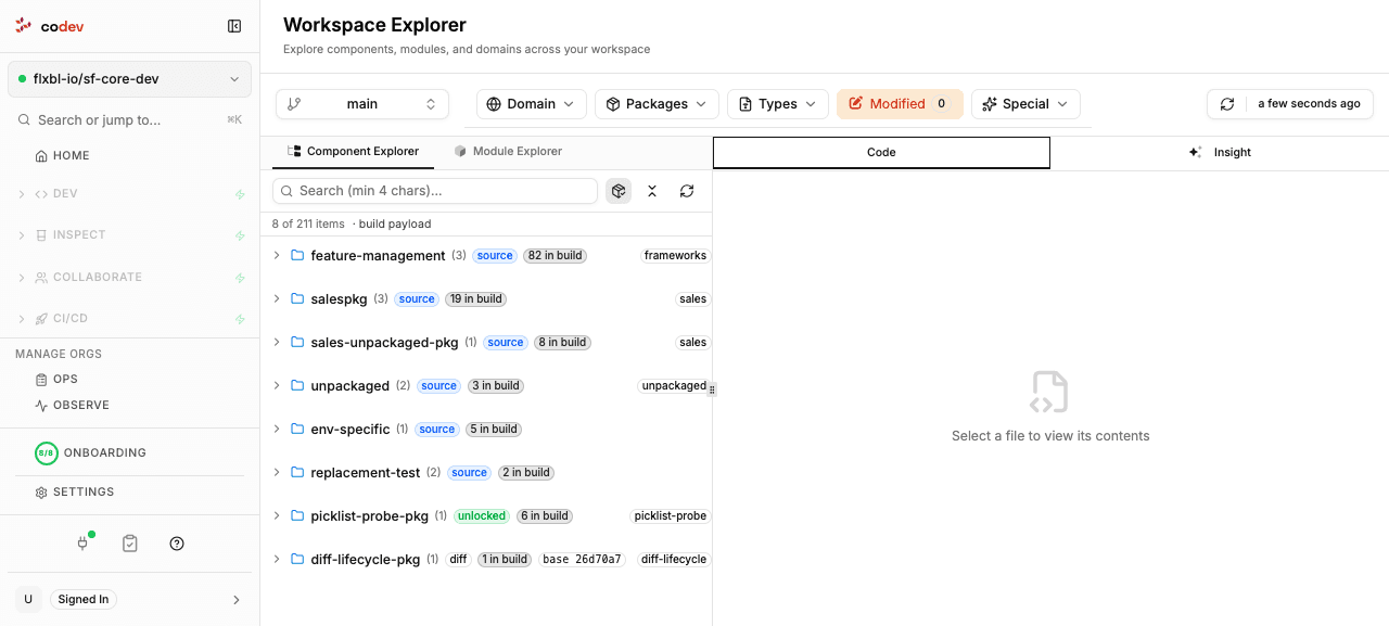 The Component Explorer tree in Build payload view, with package rows showing an in-build file count and a base commit chip, and a build payload tag in the count bar