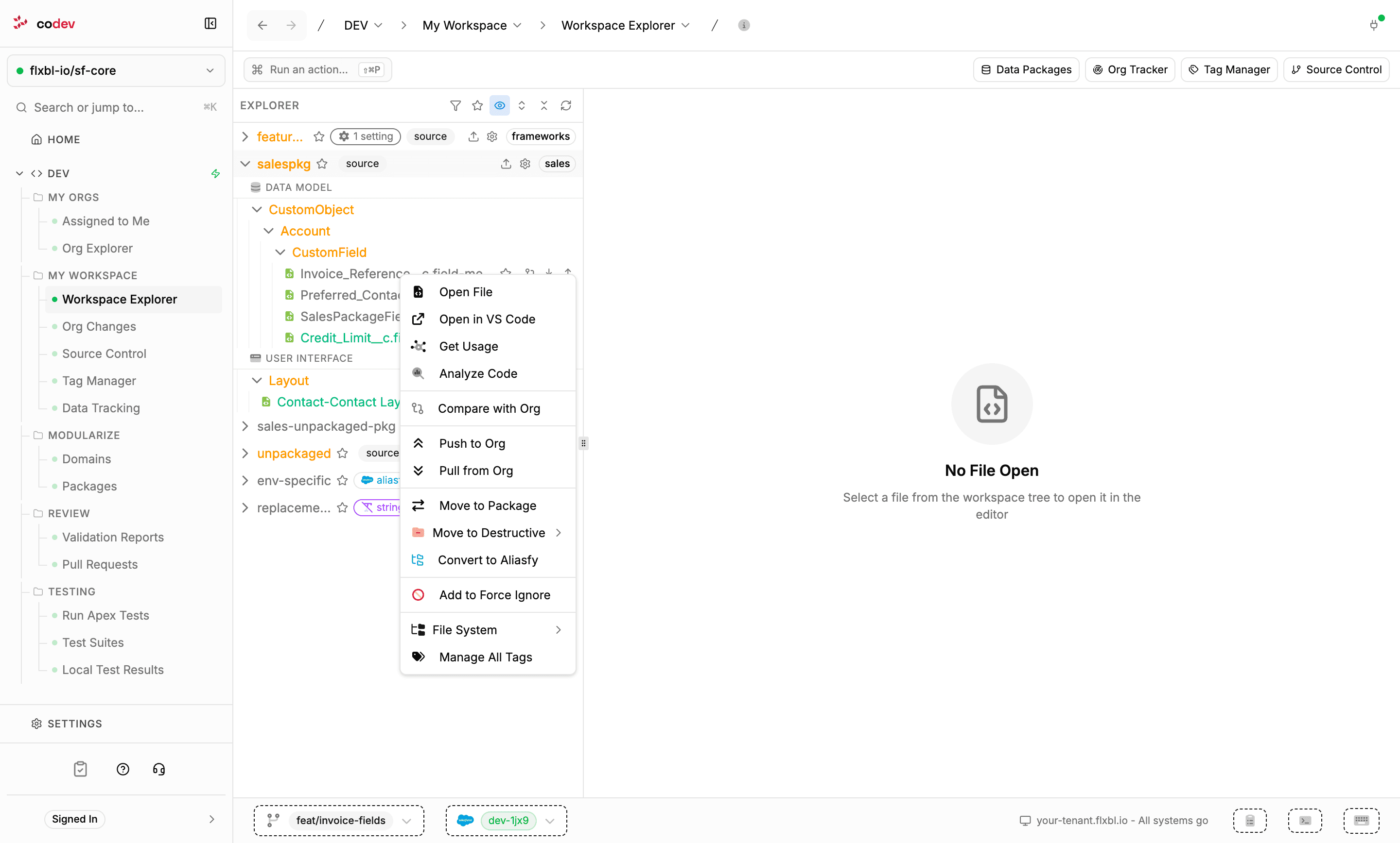 The right-click context menu on a metadata file in Workspace Explorer showing open, org, move, force-ignore, and tag actions
